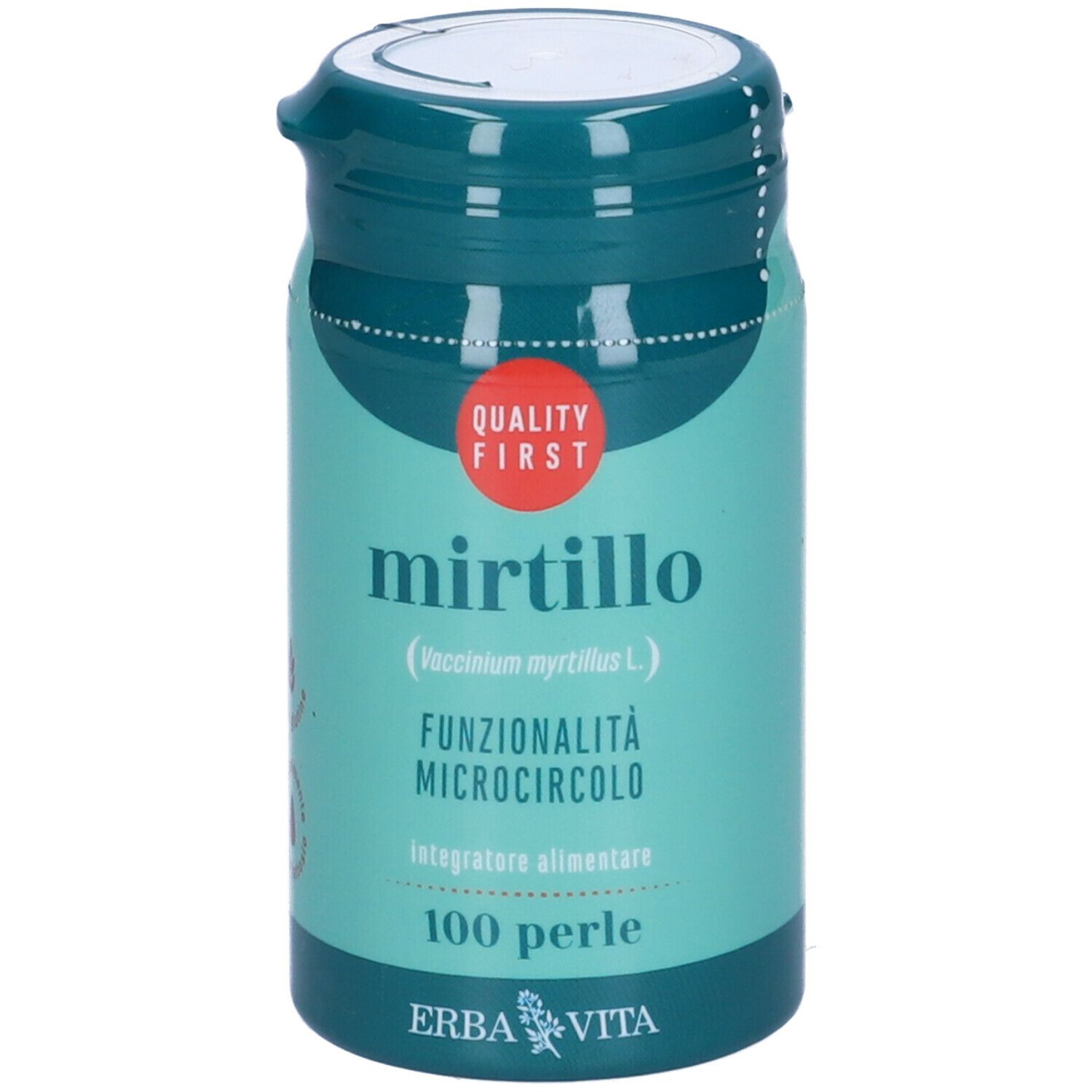 Barattolo cilindrico turchese con coperchio bianco. Scritta: Mirtillo, 100 Perle, Erba Vita. Marchio di qualità.