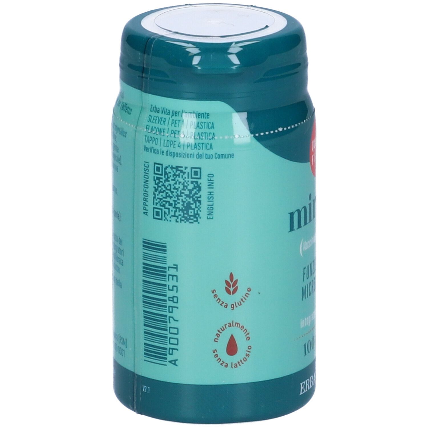 Barattolo turchese. Scritta: Mirtillo, 100 Perle, Erba Vita. Senza glutine e senza lattosio. Codice QR e codice a barre.