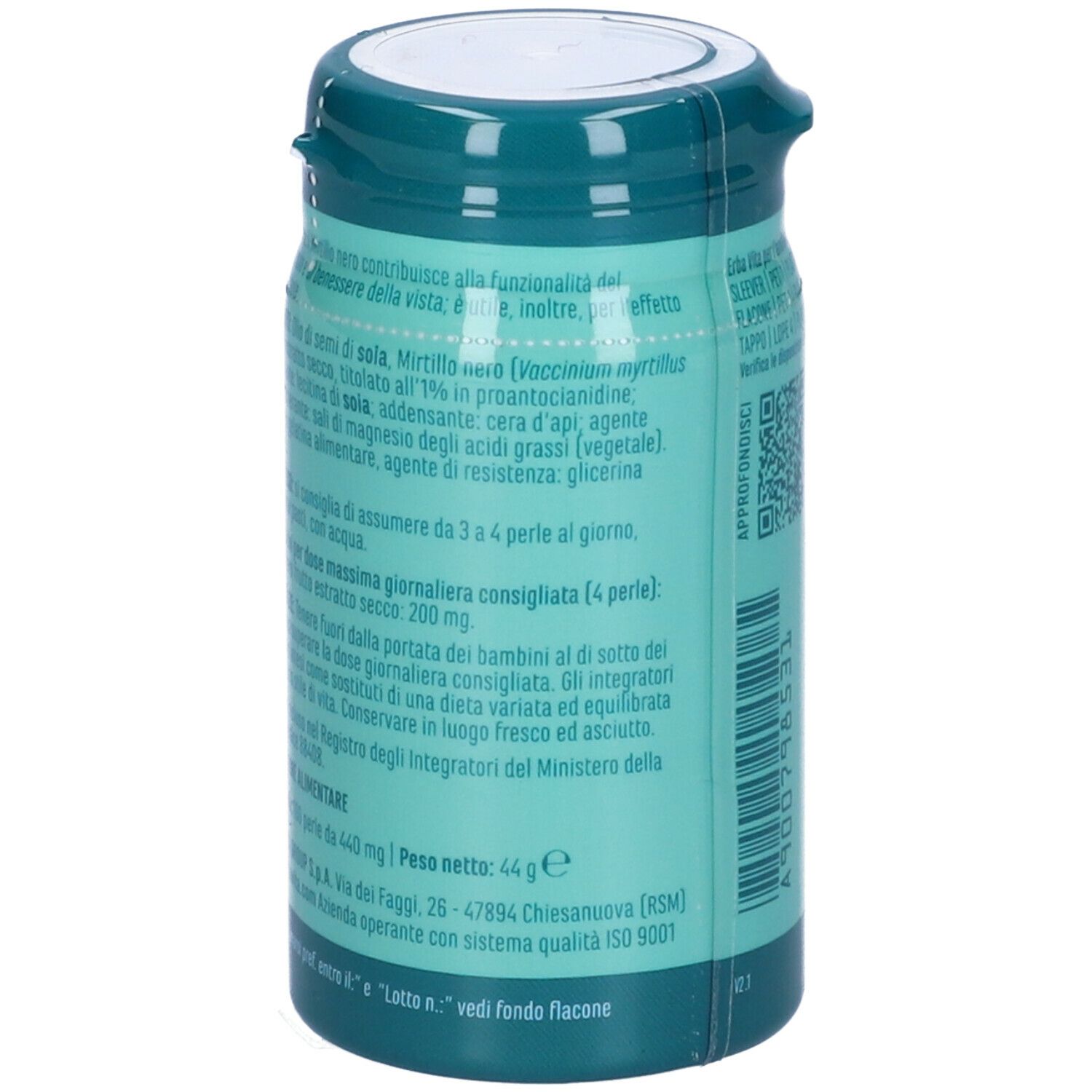 Barattolo turchese. Scritta: Mirtillo, 100 Perle, Erba Vita. Elenco ingredienti e istruzioni per l'uso. Codice QR.