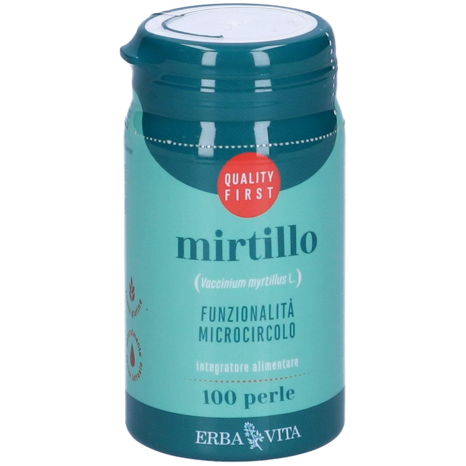 Barattolo turchese con coperchio bianco. Scritta: Mirtillo, 100 Perle, Erba Vita. Marchio di qualità.