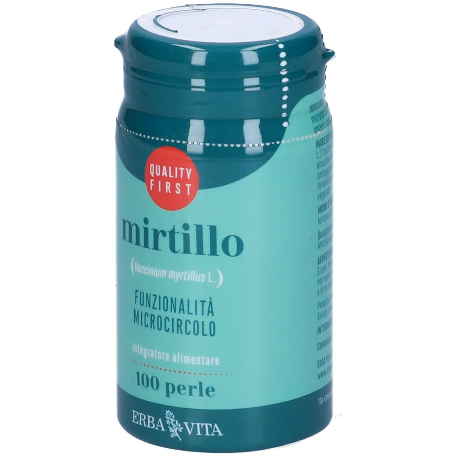 Barattolo turchese con coperchio bianco. Scritta: Mirtillo, 100 Perle, Erba Vita. Marchio di qualità.