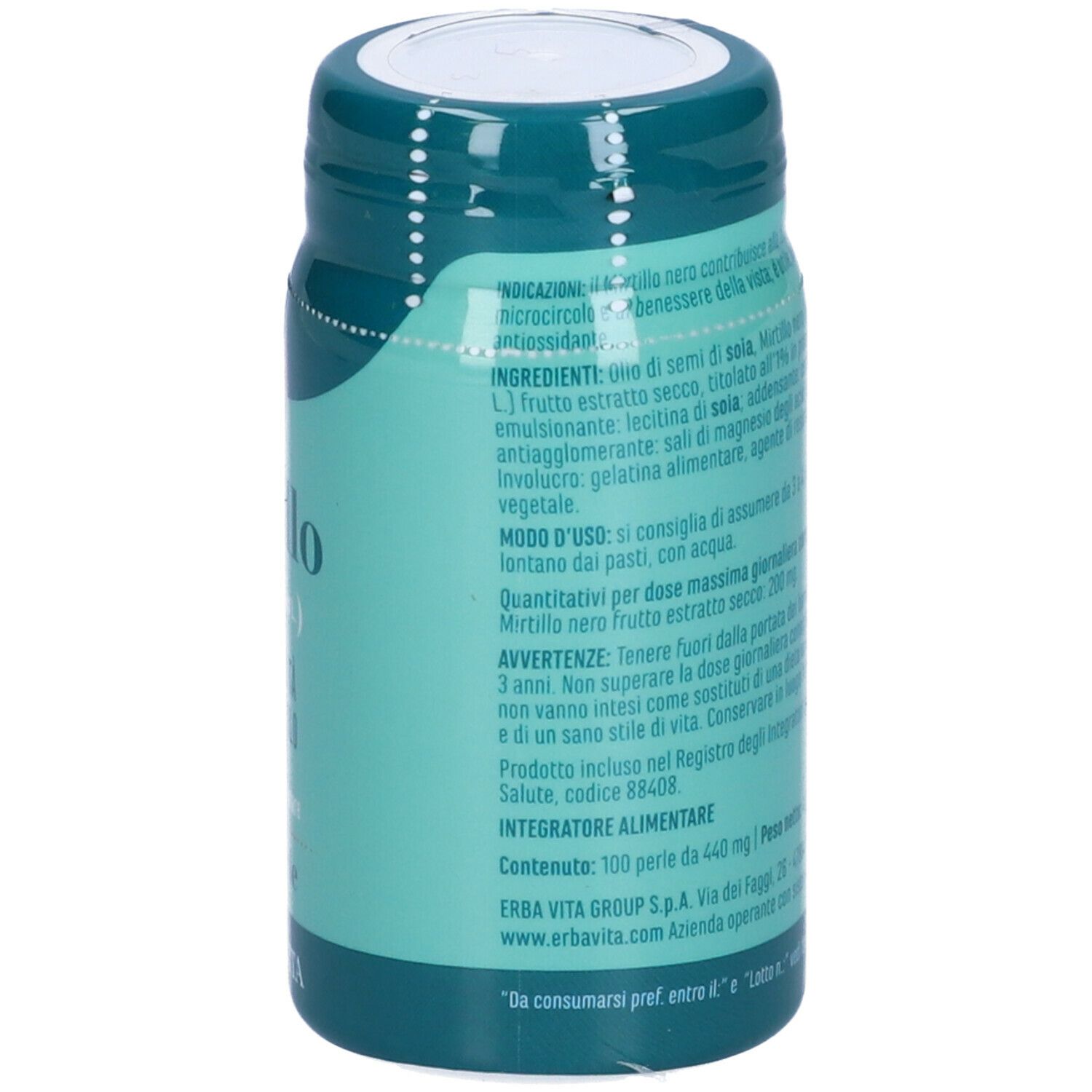 Barattolo turchese. Scritta: Mirtillo, 100 Perle, Erba Vita. Elenco ingredienti e istruzioni per l'uso.