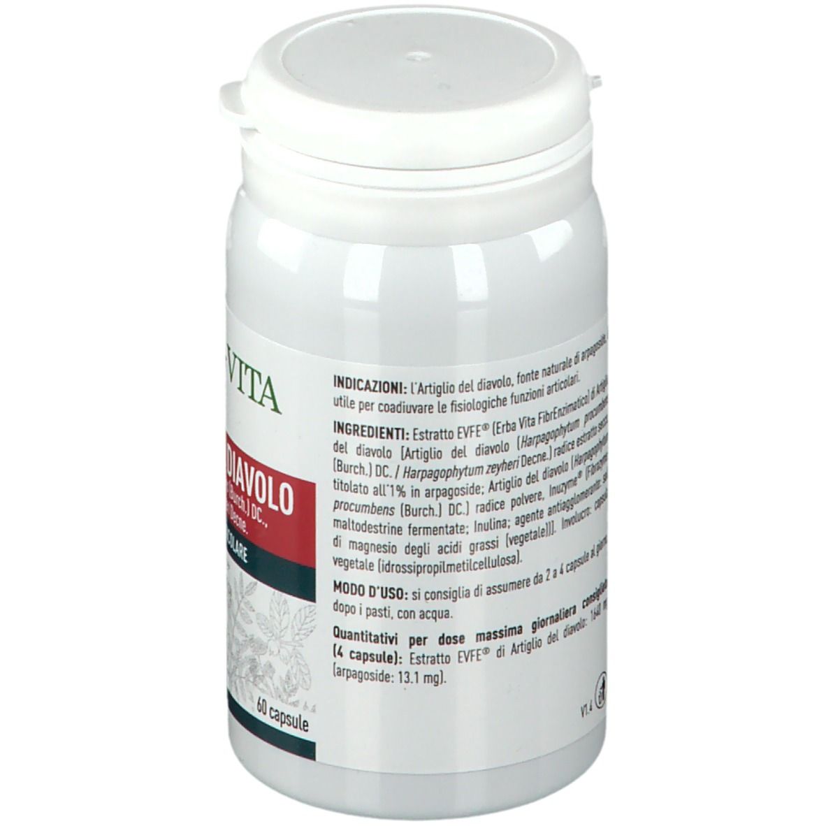 Flacone bianco con etichetta. Contiene informazioni su ingredienti e uso di Artiglio del Diavolo. 60 capsule.