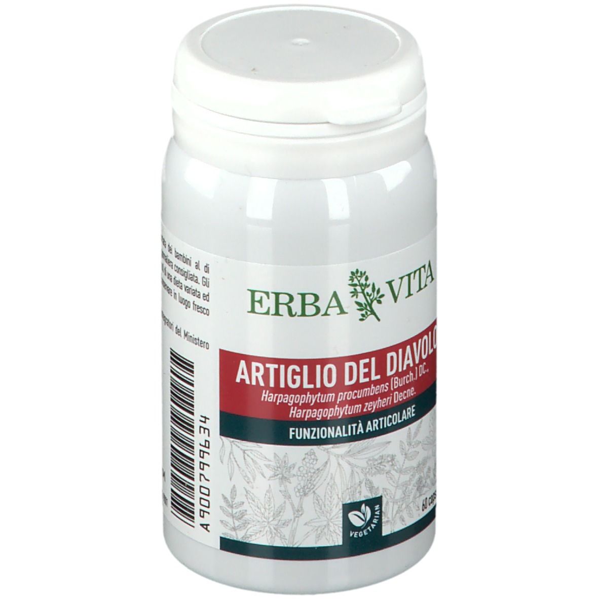 Flacone bianco con logo ERBA VITA e nome prodotto Artiglio del Diavolo. Contiene 60 capsule. Sigillo vegetariano.