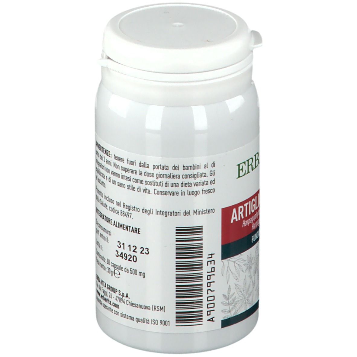 Flacone bianco con etichetta. Contiene informazioni su avvertenze e ingredienti. 60 capsule. ERBA VITA.