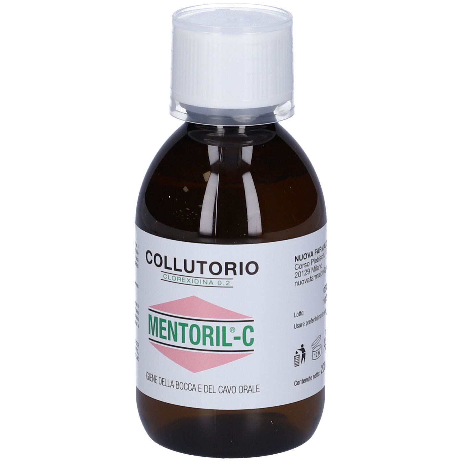Flacone marrone con tappo bianco. Etichetta con informazioni sul prodotto. Testo: Collutorio, Mentori-C.