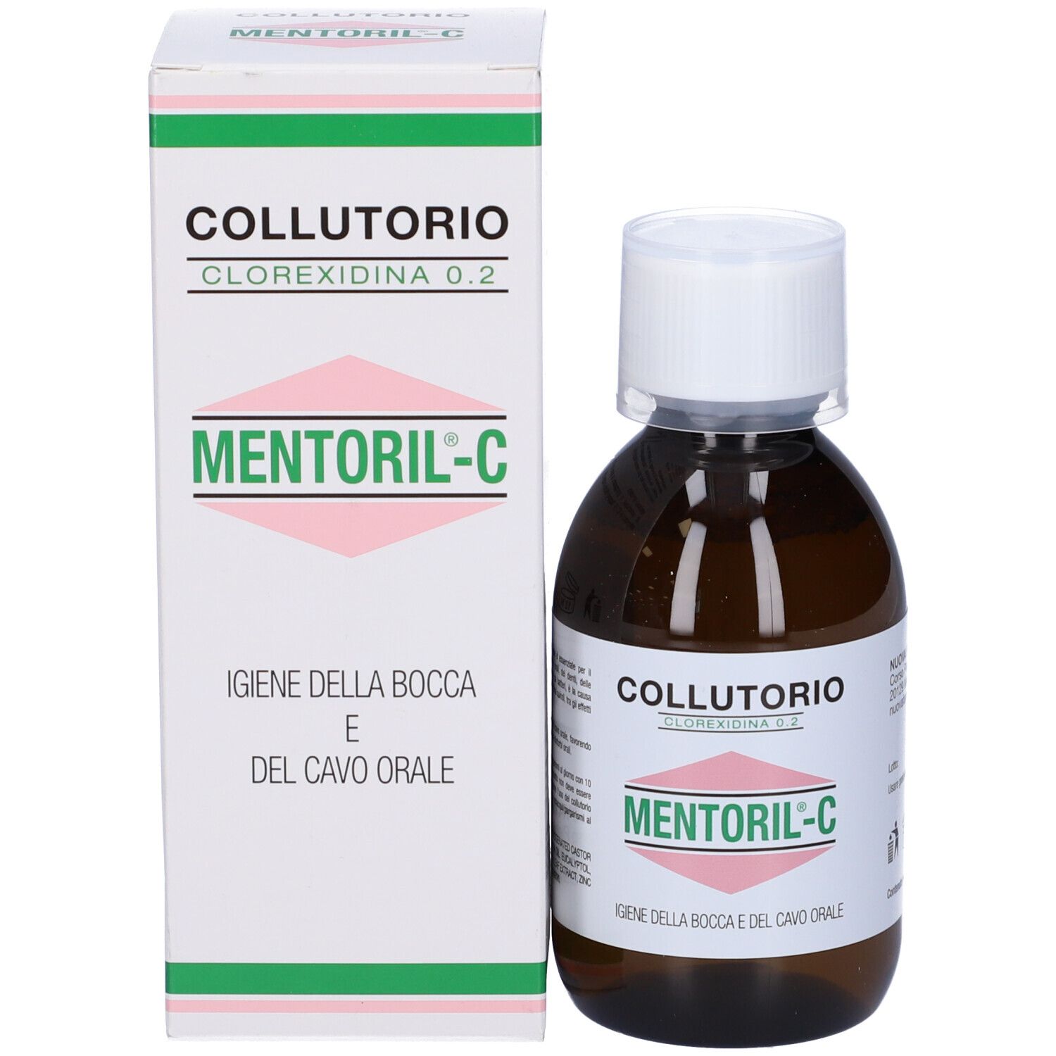 Prodotto e confezione. Flacone marrone con tappo bianco e scatola bianca. Testo: Collutorio, Mentori-C.