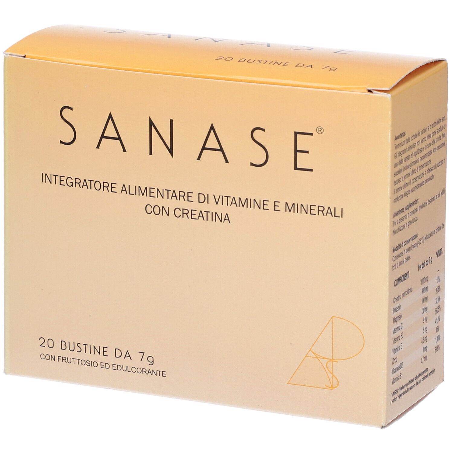 Scatola con scritta: SANASE, Integratore Alimentare di Vitamine e Minerali con Creatina. 20 Bustine da 7g.