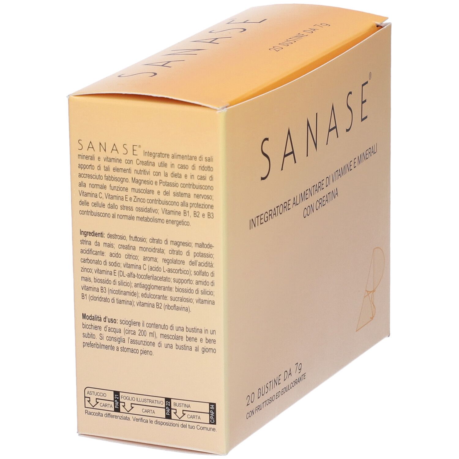 Scatola con scritta: SANASE, Integratore Alimentare di Vitamine e Minerali con Creatina. Ingredienti sul retro.