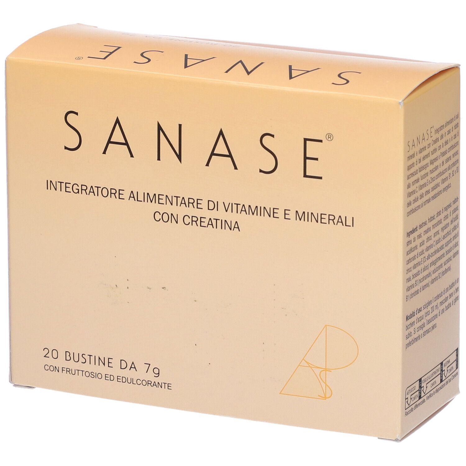 Scatola con scritta: SANASE, Integratore Alimentare di Vitamine e Minerali con Creatina. 20 Bustine da 7g.