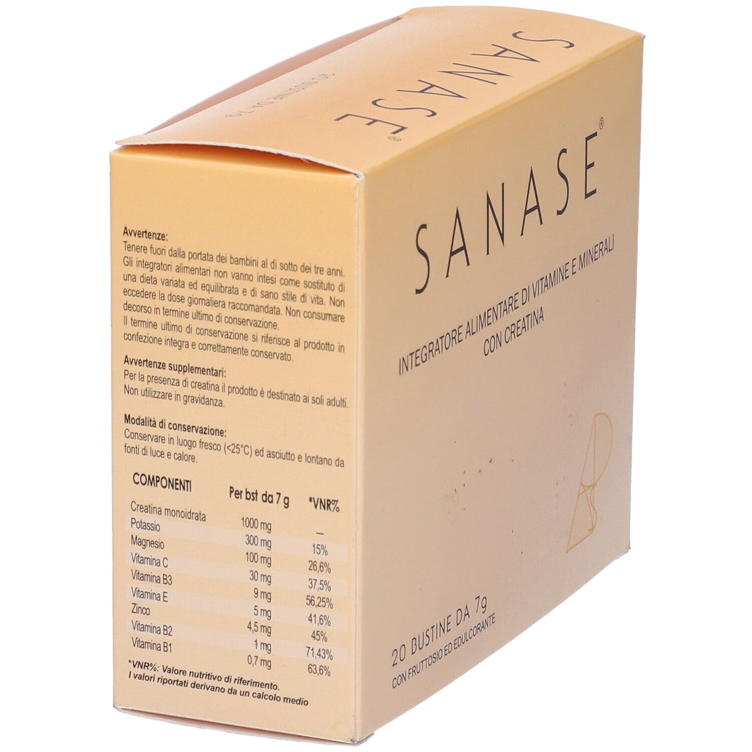 Scatola con scritta: SANASE, Integratore Alimentare di Vitamine e Minerali con Creatina. Tabella ingredienti.