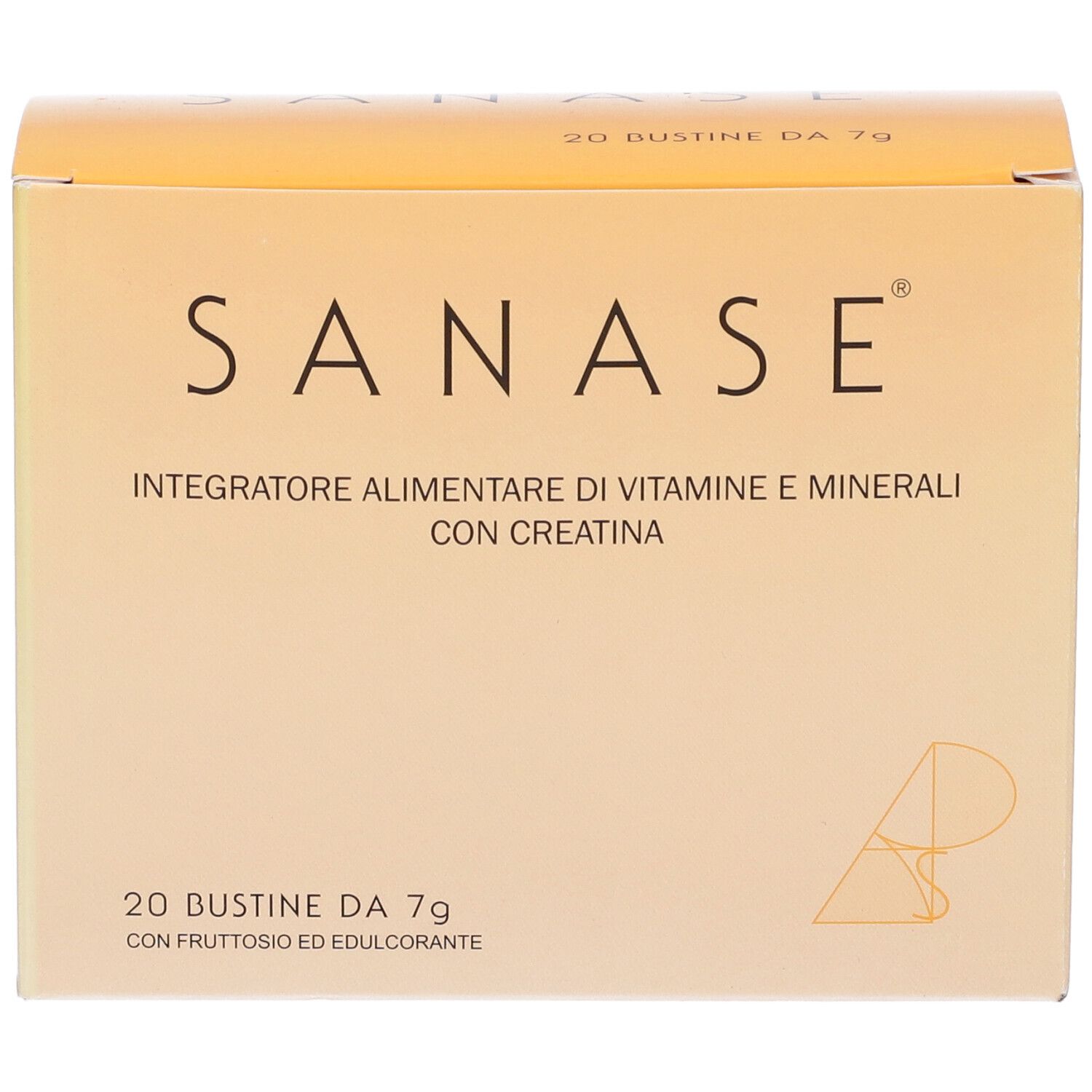 Scatola con scritta: SANASE, Integratore Alimentare di Vitamine e Minerali con Creatina. 20 Bustine da 7g.