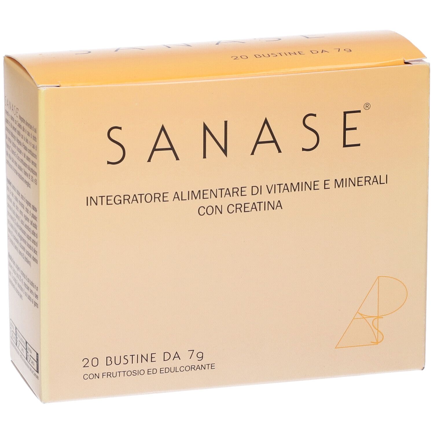 Scatola con scritta: SANASE, Integratore Alimentare di Vitamine e Minerali con Creatina. 20 Bustine da 7g.