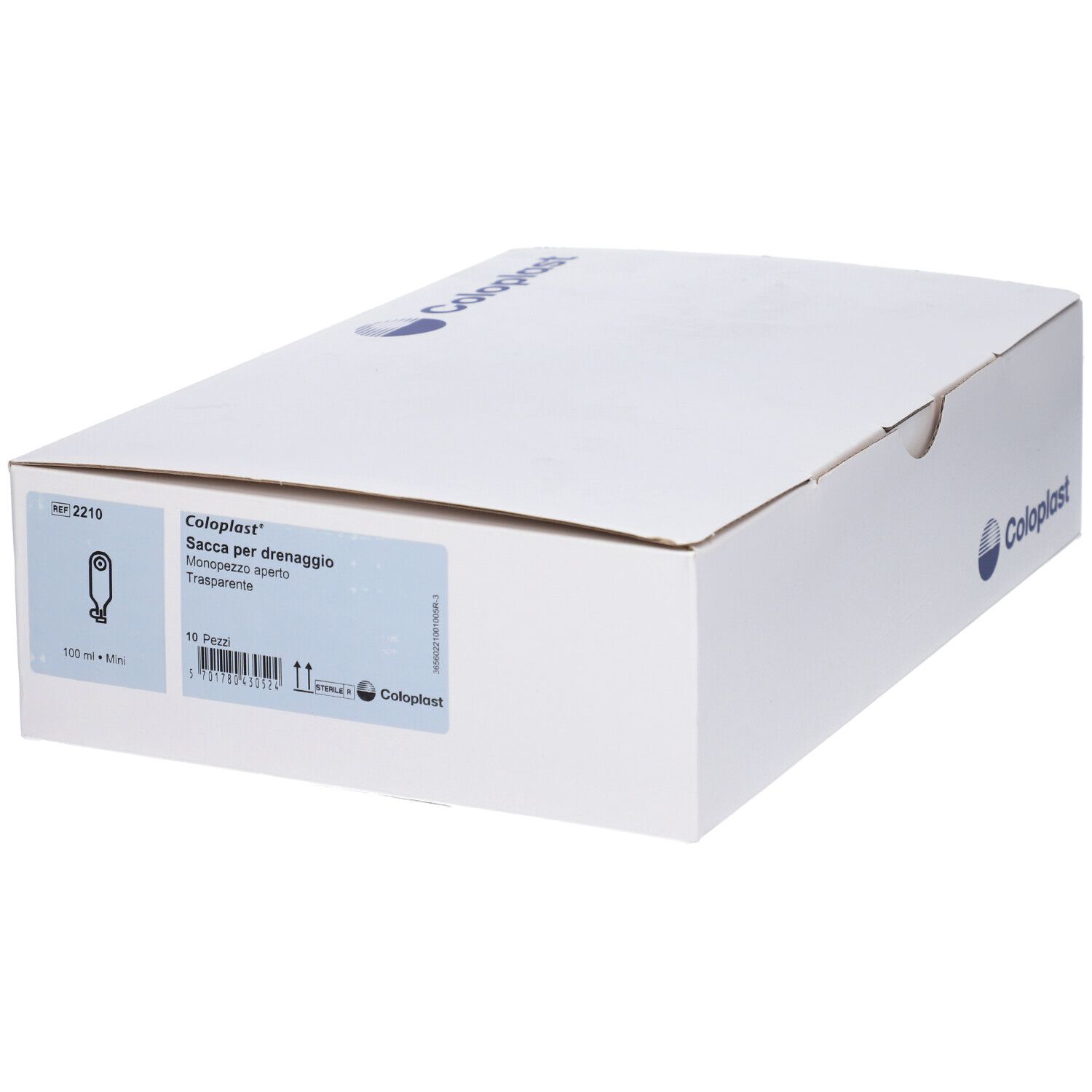 Confezione bianca con logo Coloplast e informazioni. Scatola rettangolare e chiusa.