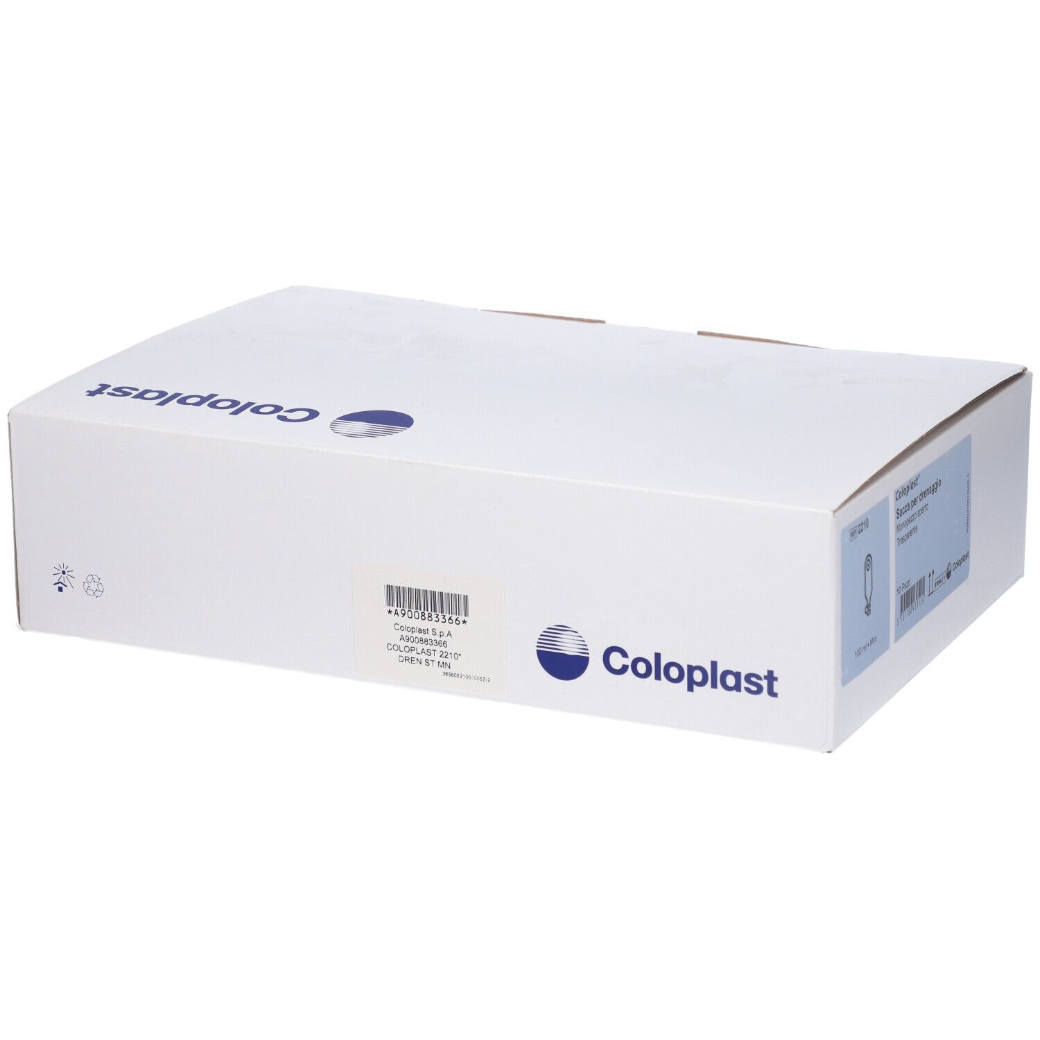 Confezione bianca con logo Coloplast e informazioni. Scatola rettangolare e chiusa.