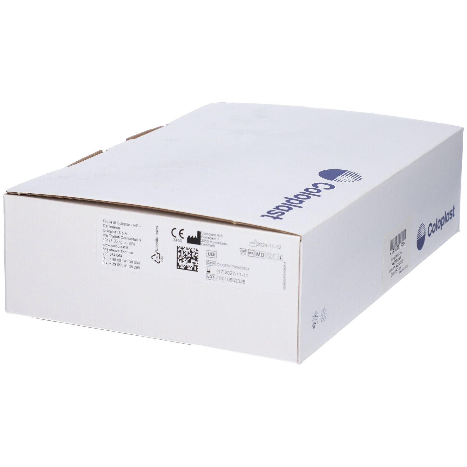 Confezione bianca con logo Coloplast e informazioni. Scatola rettangolare e chiusa.