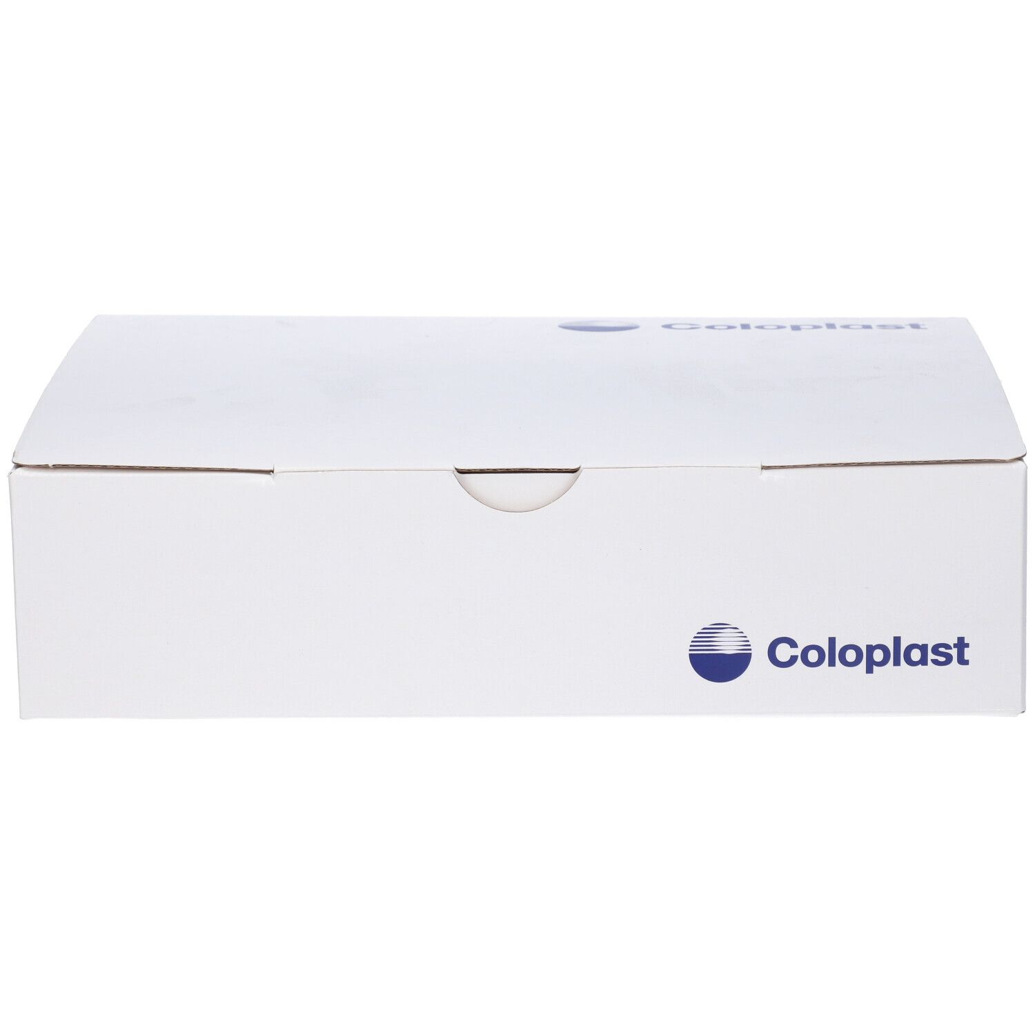 Confezione bianca con logo Coloplast. Scatola rettangolare e chiusa.