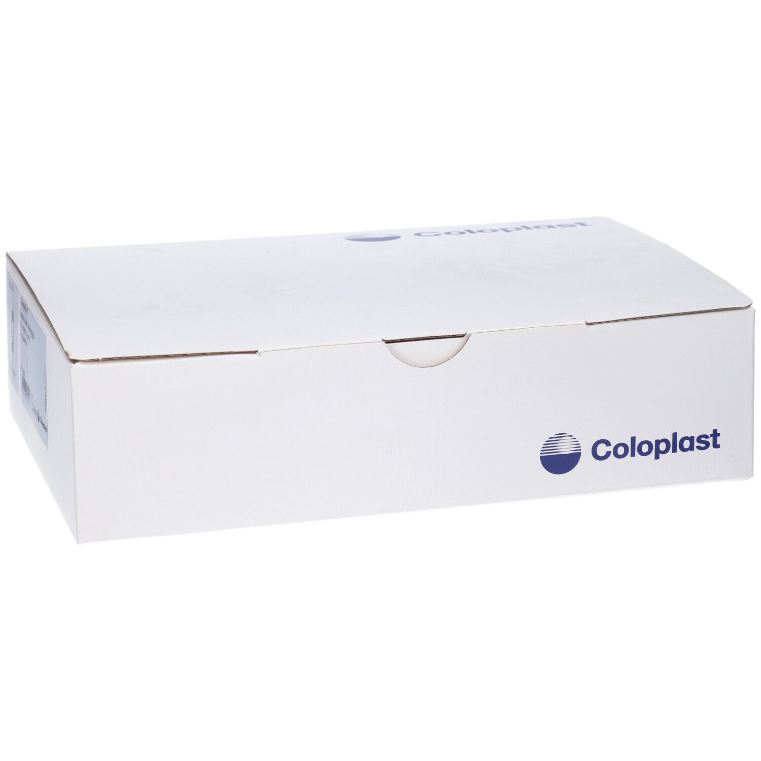 Confezione bianca con logo Coloplast e informazioni. Scatola rettangolare e chiusa.