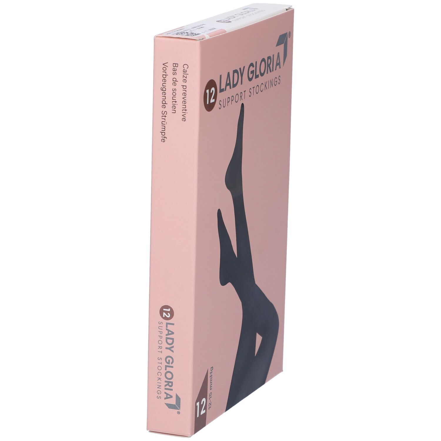 Confezione rosa, lato con testo: Calze preventive, calze di sostegno. Scritta: Lady Gloria Support Stockings. 12 calze.