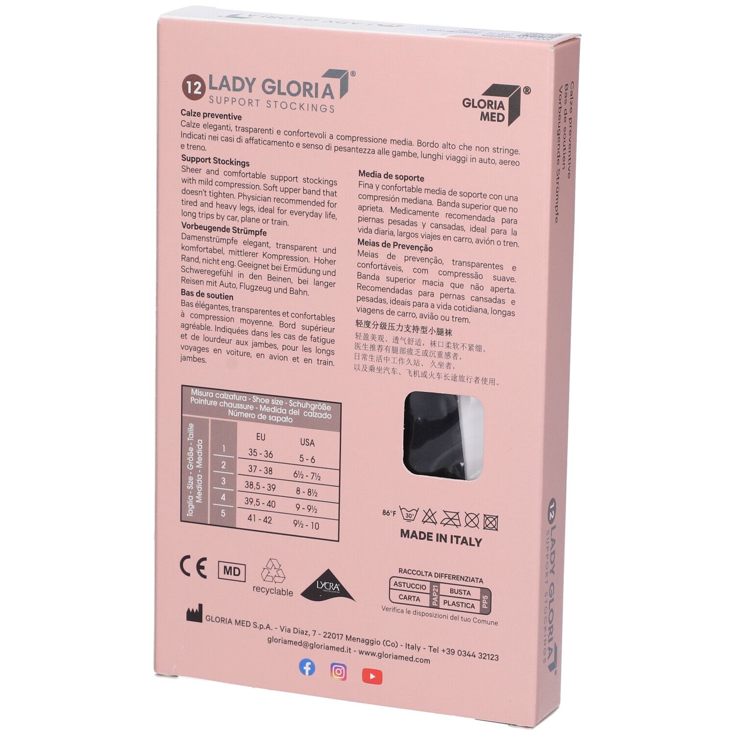 Retro della confezione rosa. Testo multilingue. Informazioni sulle taglie. Scritta: Gloria Med. Marchio CE. Riciclabile.