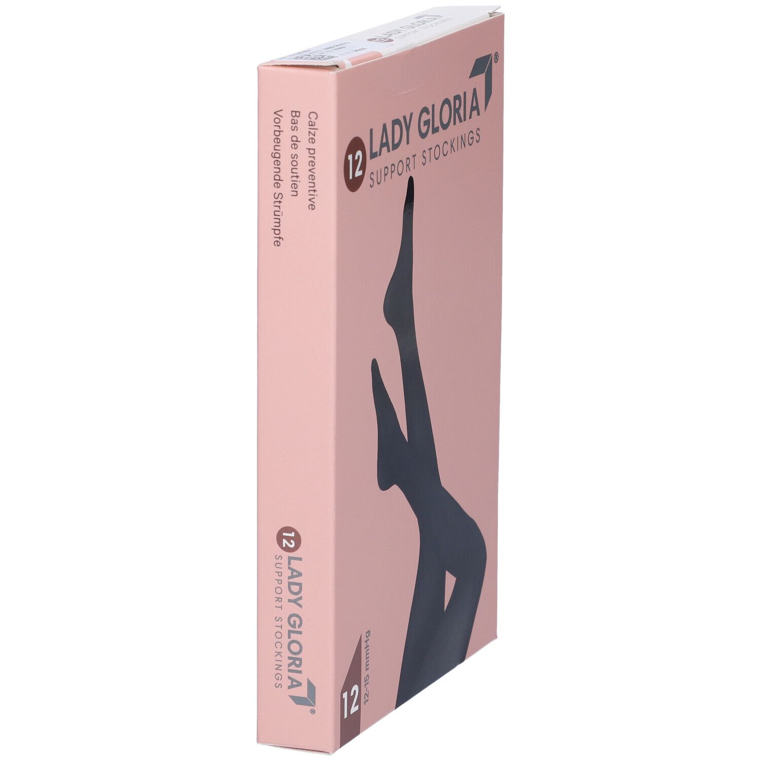Confezione di calze Ladygloria. L'imballaggio mostra calze nere. Stampa: 12, Ladygloria, Support Stockings.