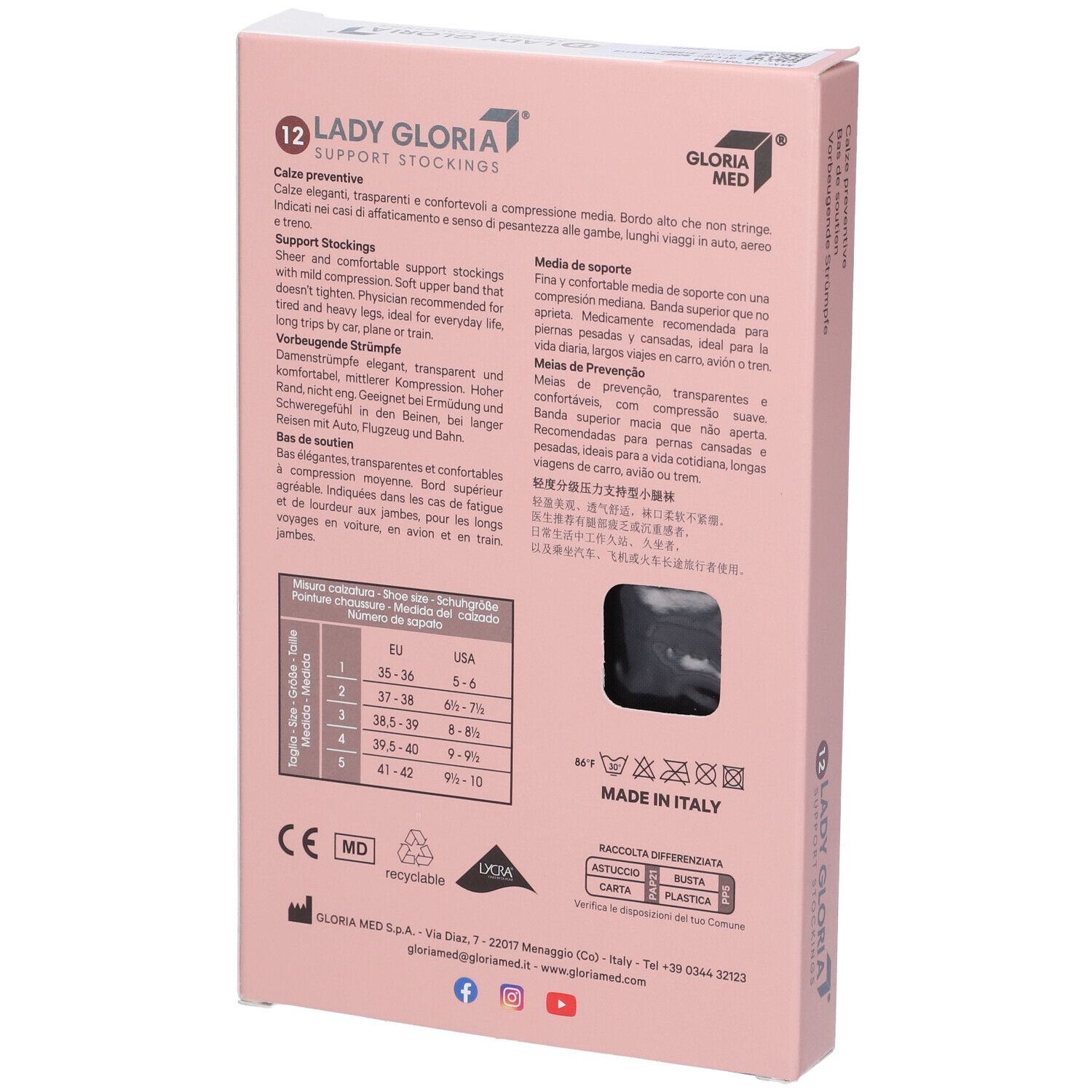 Retro della confezione di calze Ladygloria. Testo in più lingue. Stampa: 12, Ladygloria, Support Stockings, marchio CE.