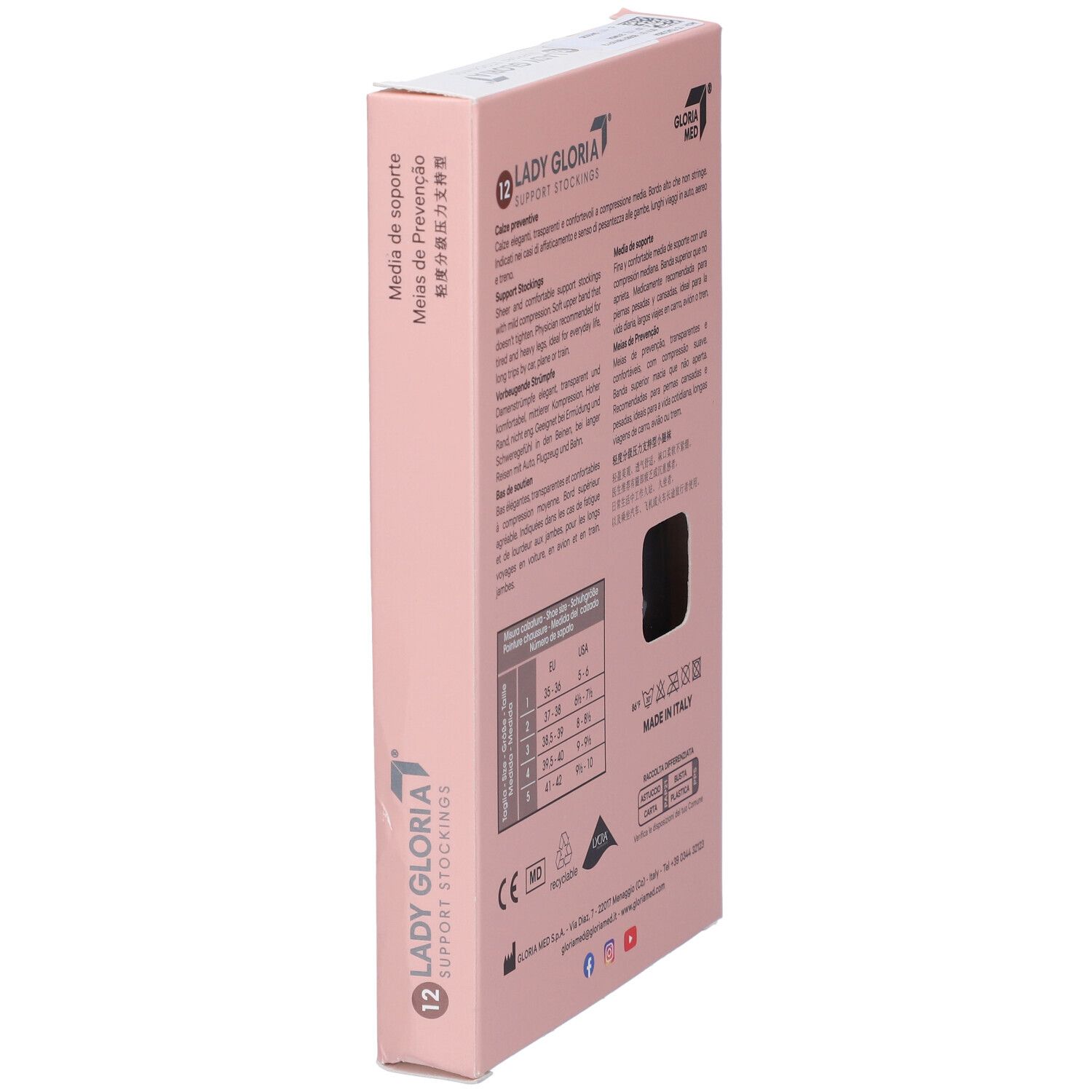 Lato della confezione di calze Ladygloria. Testo in più lingue. Stampa: 12, Ladygloria, Support Stockings.