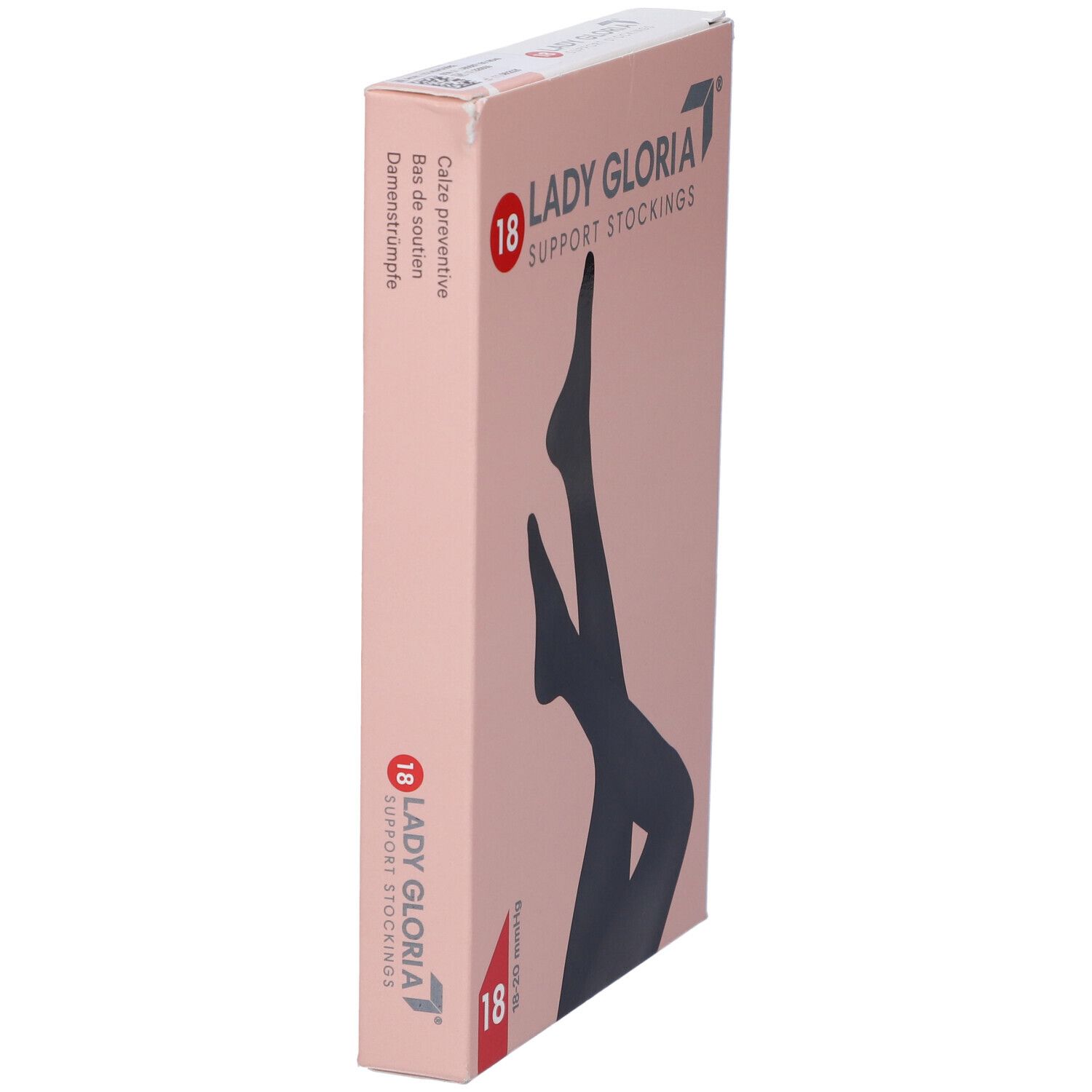 Confezione Ladygloria Support Stockings. Scritta: 18. Immagine: calze nere. Vista laterale.