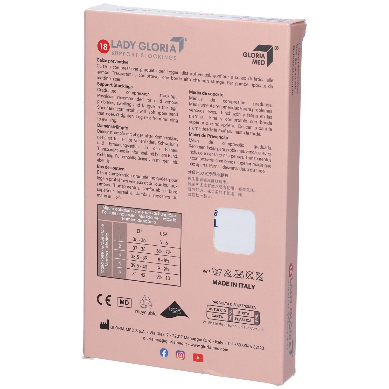 Retro della confezione. Testo multilingue. Marca: Ladygloria. Informazioni taglie. Made in Italy.