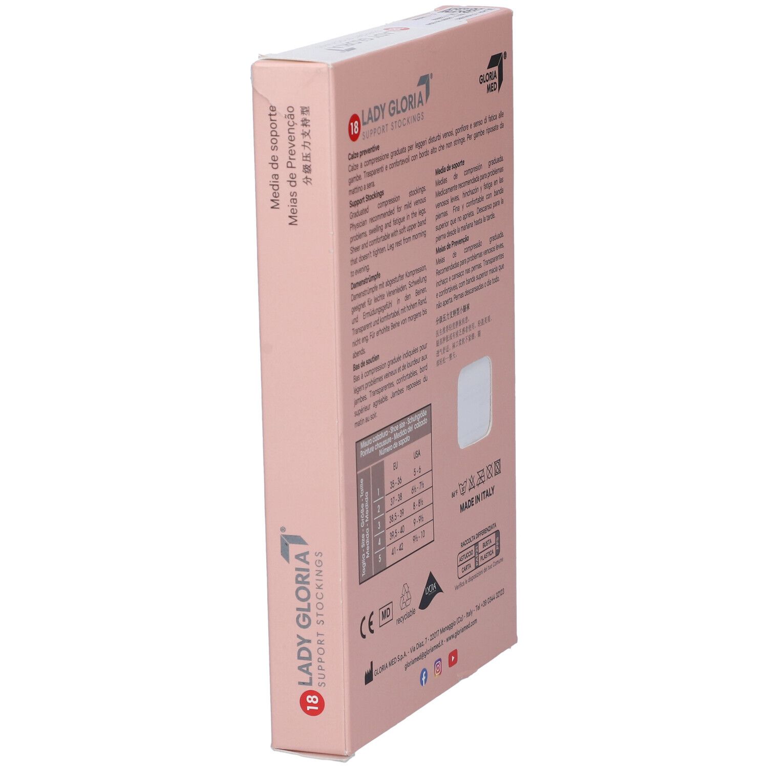 Vista laterale della confezione. Testo multilingue. Marca: Ladygloria. Informazioni taglie. Made in Italy.