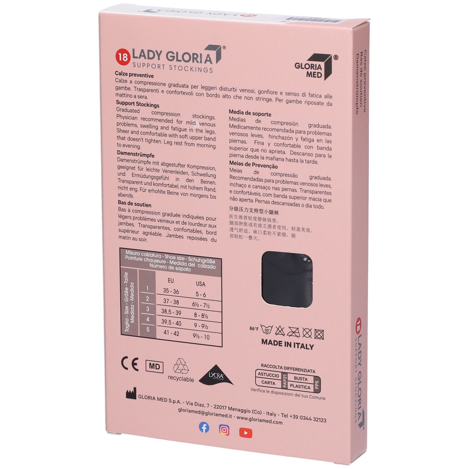 Retro della confezione. Marca: Ladygloria. Testo multilingue. Tabella taglie. Loghi: CE, MD, riciclo.