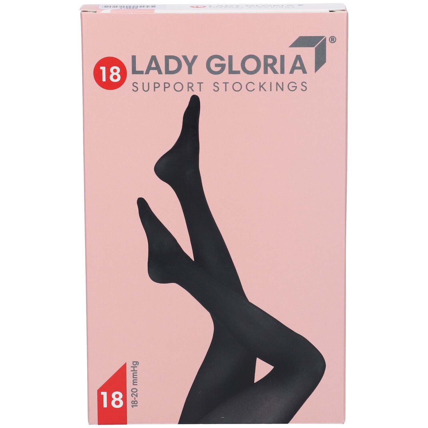 Confezione calze Ladygloria nere. Scritta: 18, Support Stockings. Immagine gambe. Pressione 18-20 mmHg.
