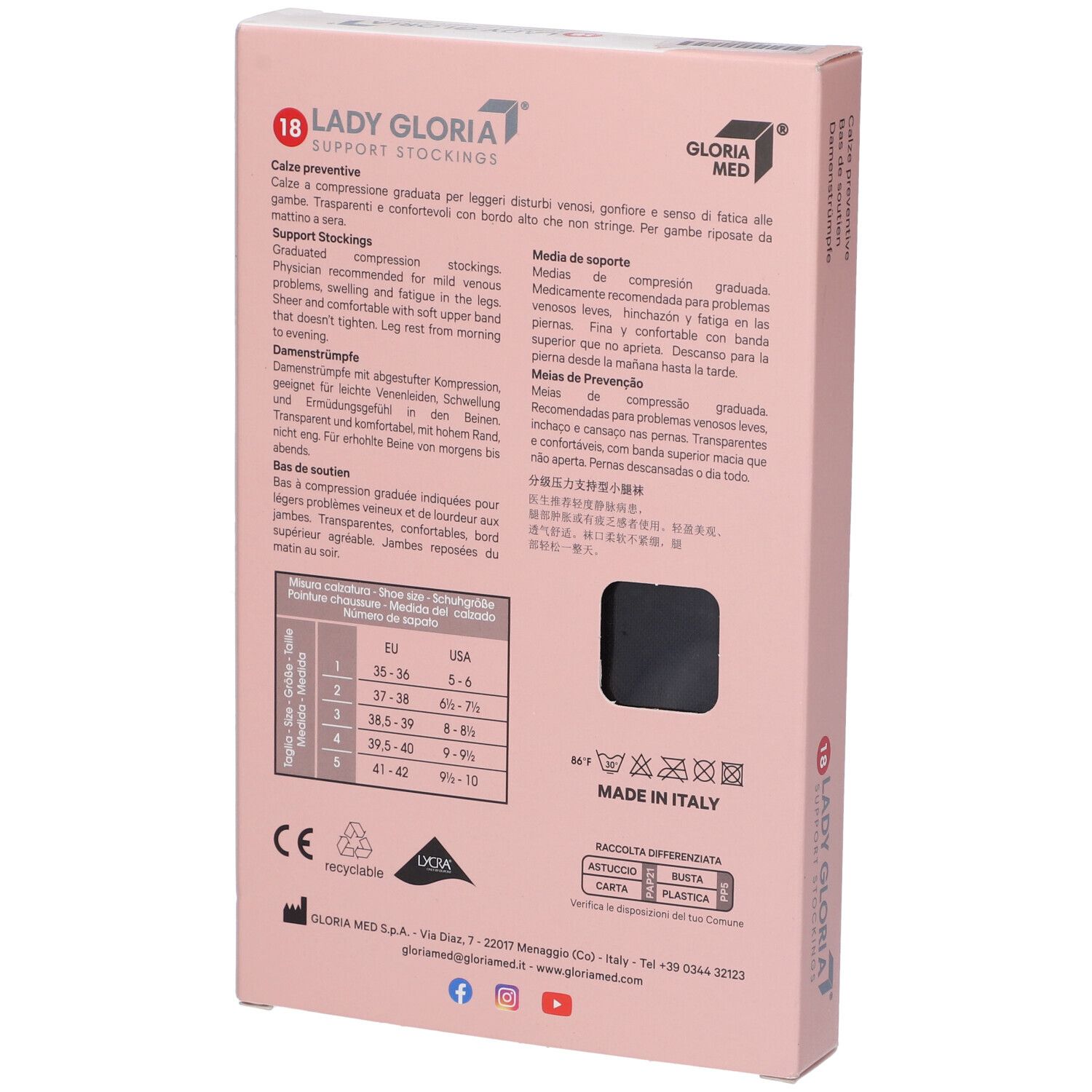 Retro confezione Ladygloria. Testo multilingue. Informazioni prodotto, taglie, logo e marchio.