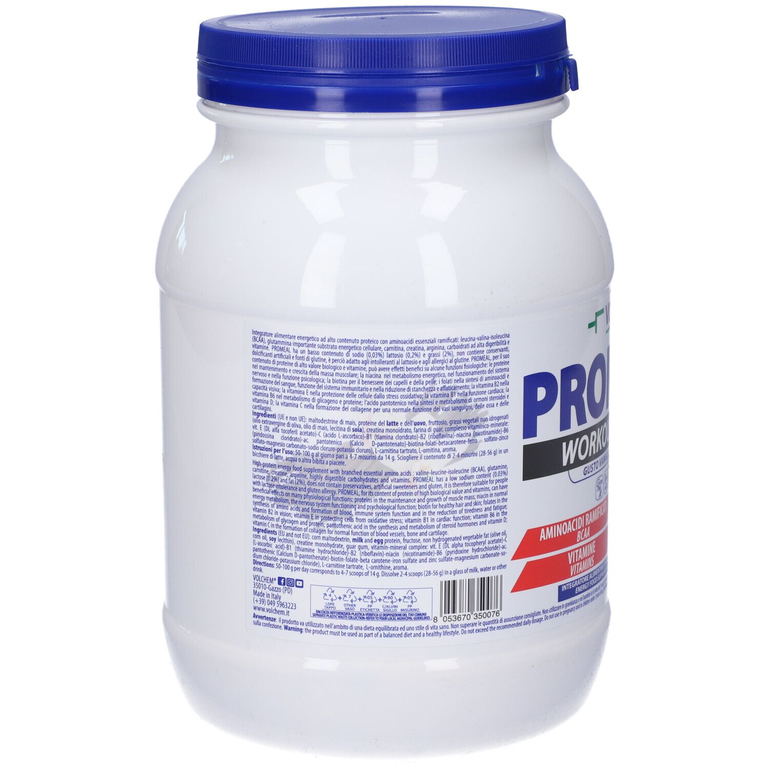 Barattolo bianco con coperchio blu. Retro con testo. Contiene informazioni sugli ingredienti e il valore nutrizionale.