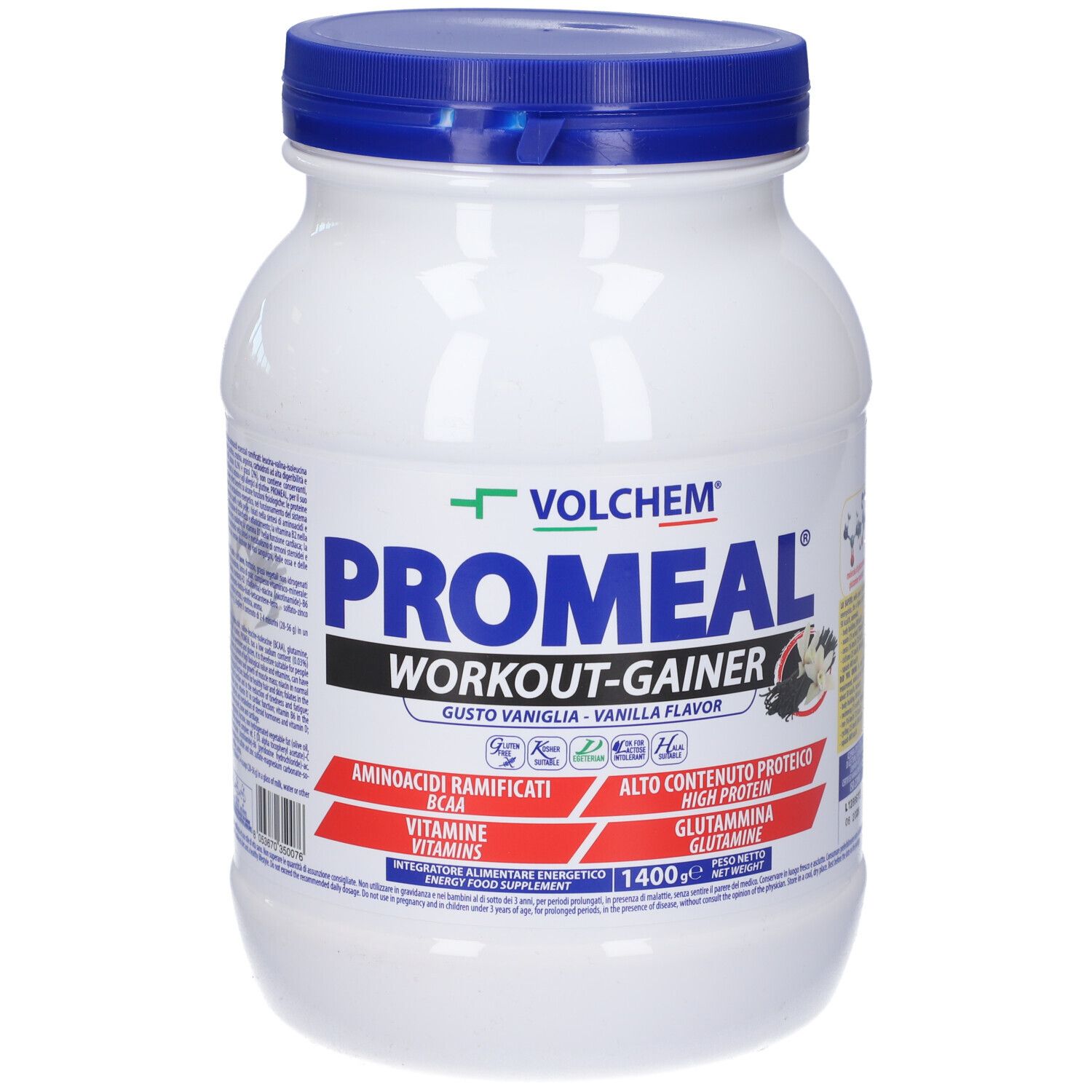 Barattolo bianco con coperchio blu. Scritta VOLCHEM Promeal Workout-Gainer, gusto vaniglia. Contiene BCAA, vitamine, proteine.