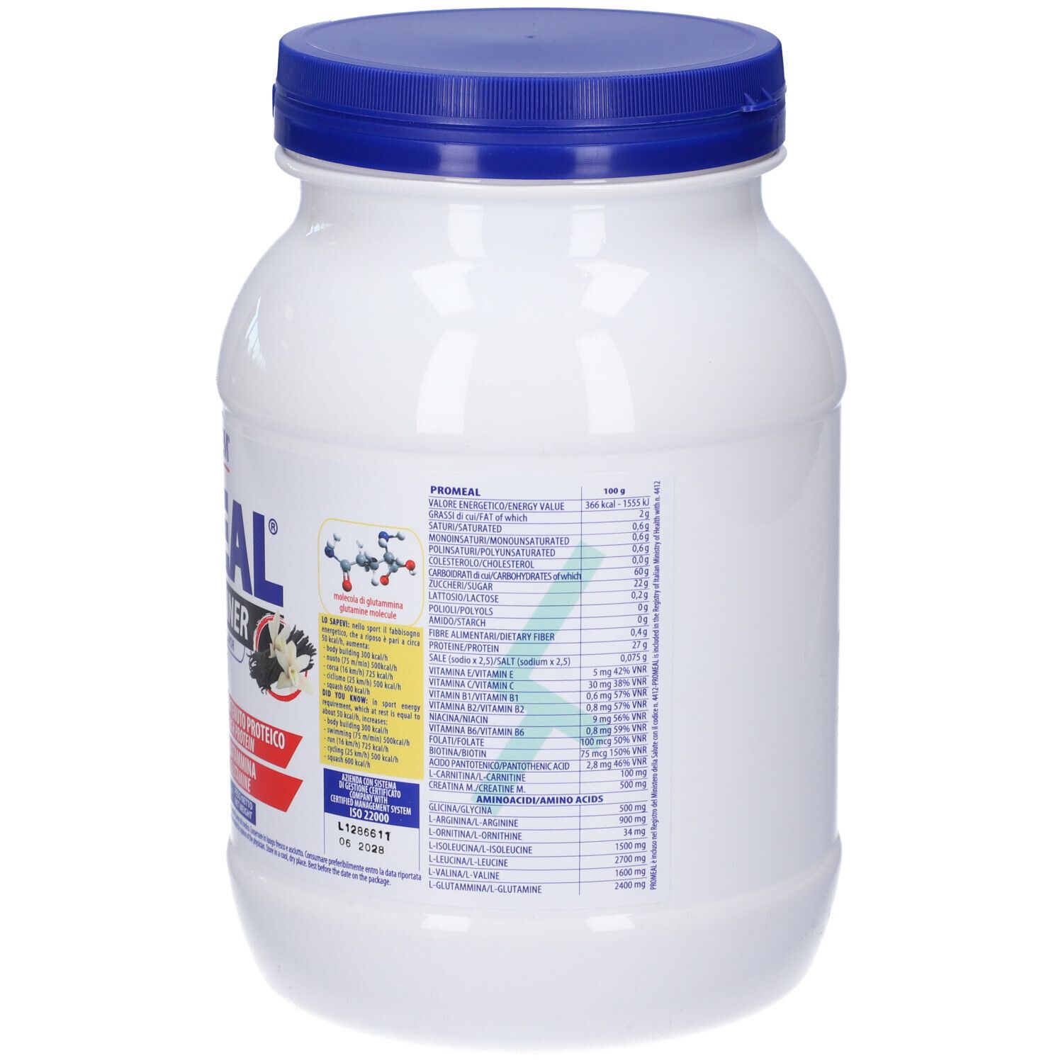 Barattolo bianco con coperchio blu. Retro con testo. Contiene informazioni sugli ingredienti e il valore nutrizionale.