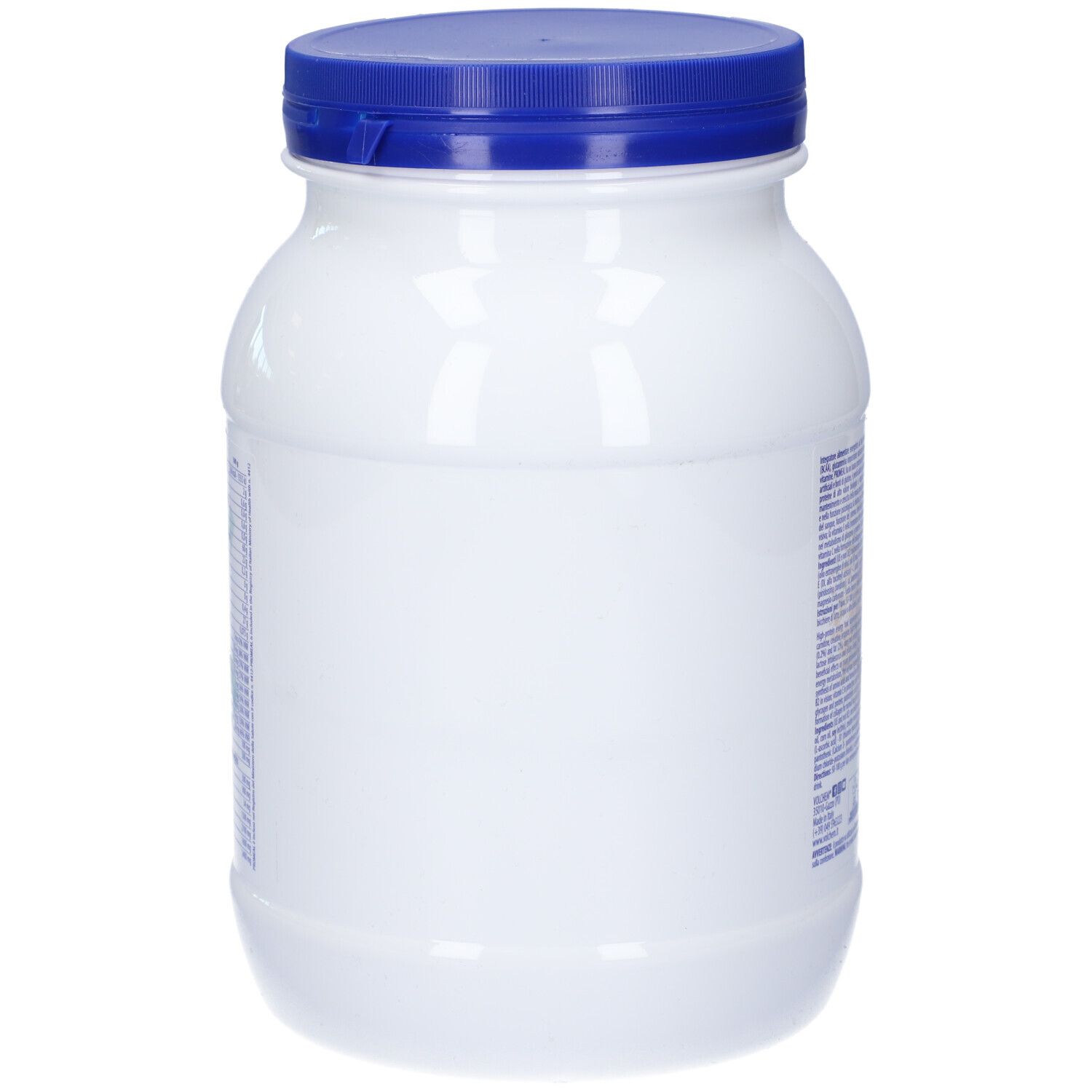 Barattolo bianco con coperchio blu. Il barattolo è vuoto e mostra solo la forma e il colore del contenitore.