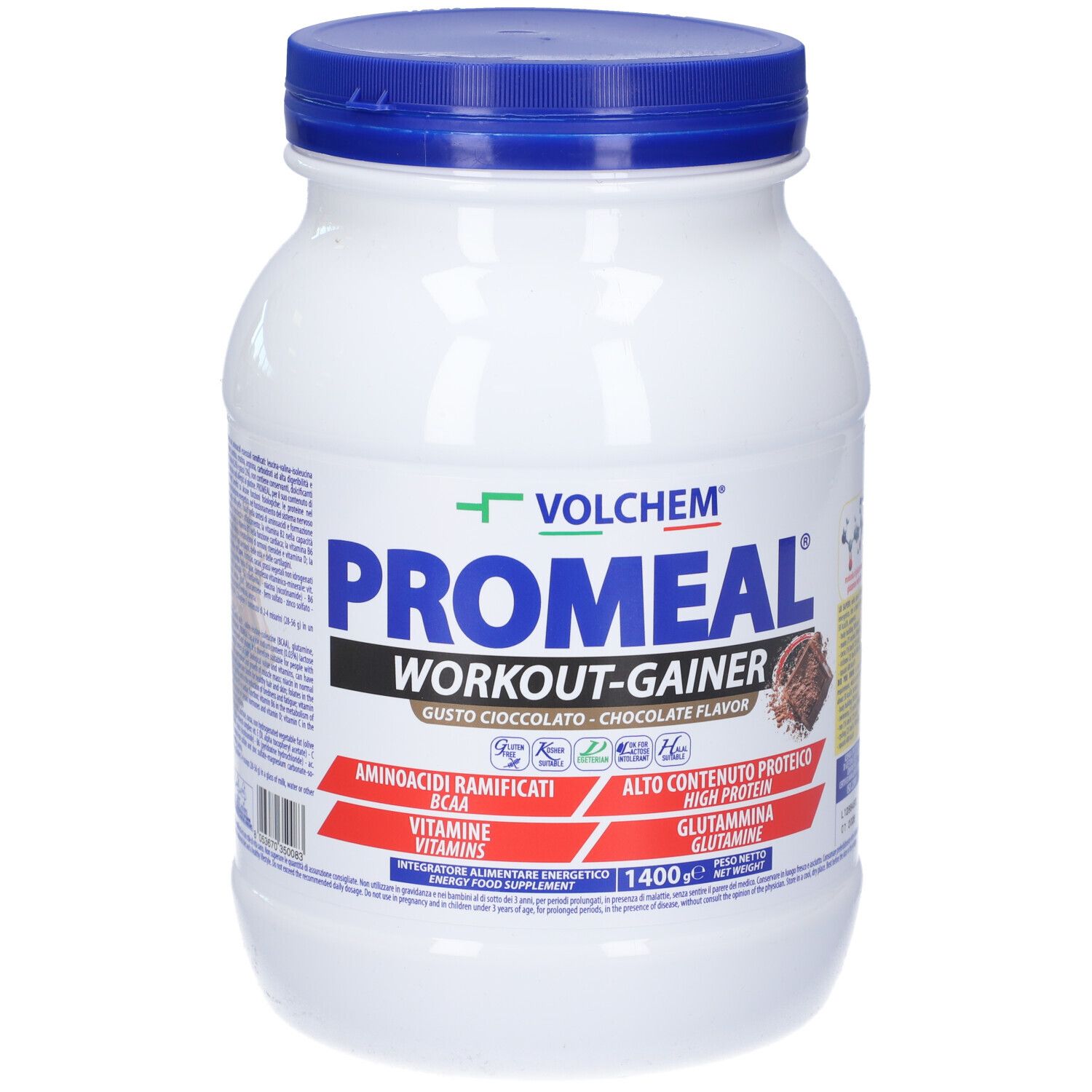 Barattolo bianco con coperchio blu. Scritta: Promeal Workout-Gainer, gusto cioccolato. Contiene BCAA, vitamine, glutammina.