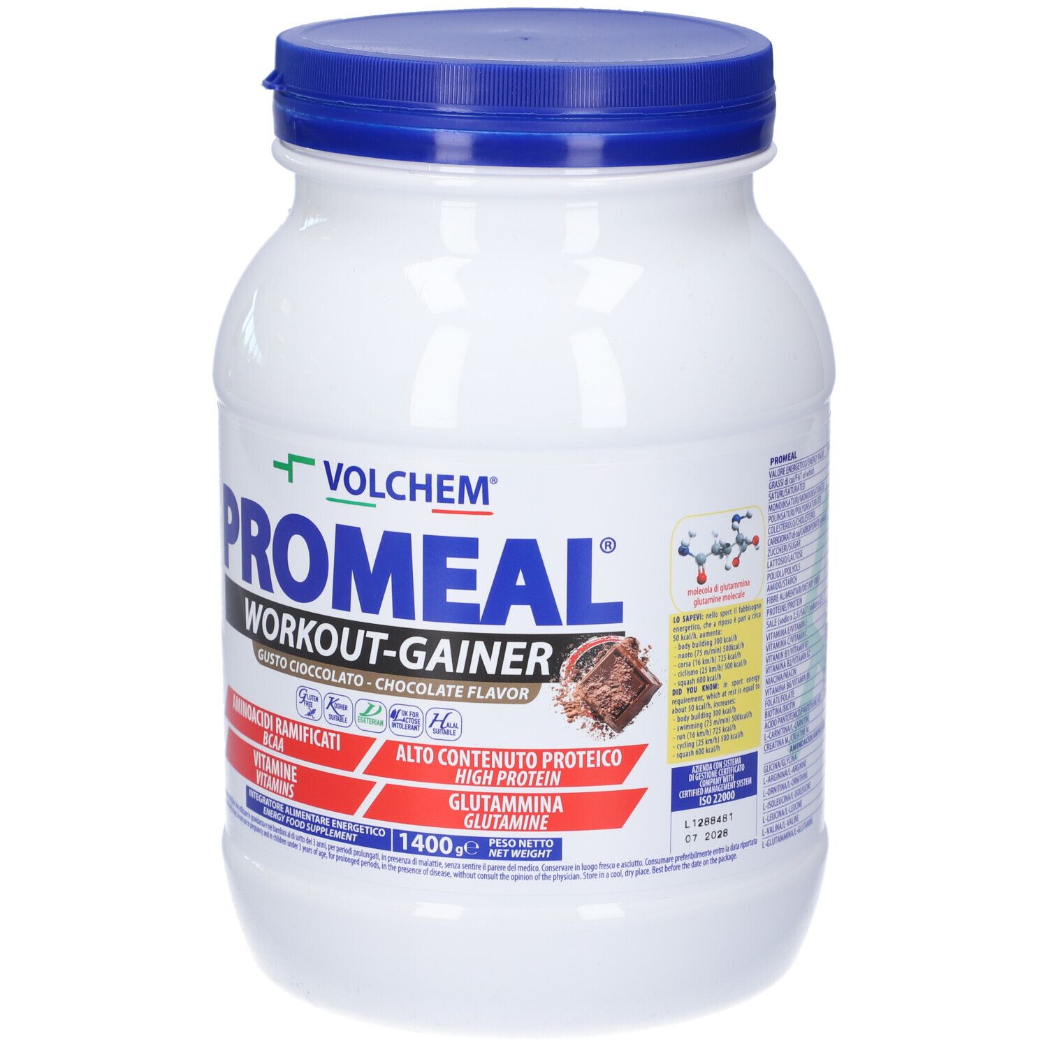 Barattolo bianco con coperchio blu. Scritta: Promeal Workout-Gainer, gusto cioccolato. Contiene BCAA, vitamine, glutammina.