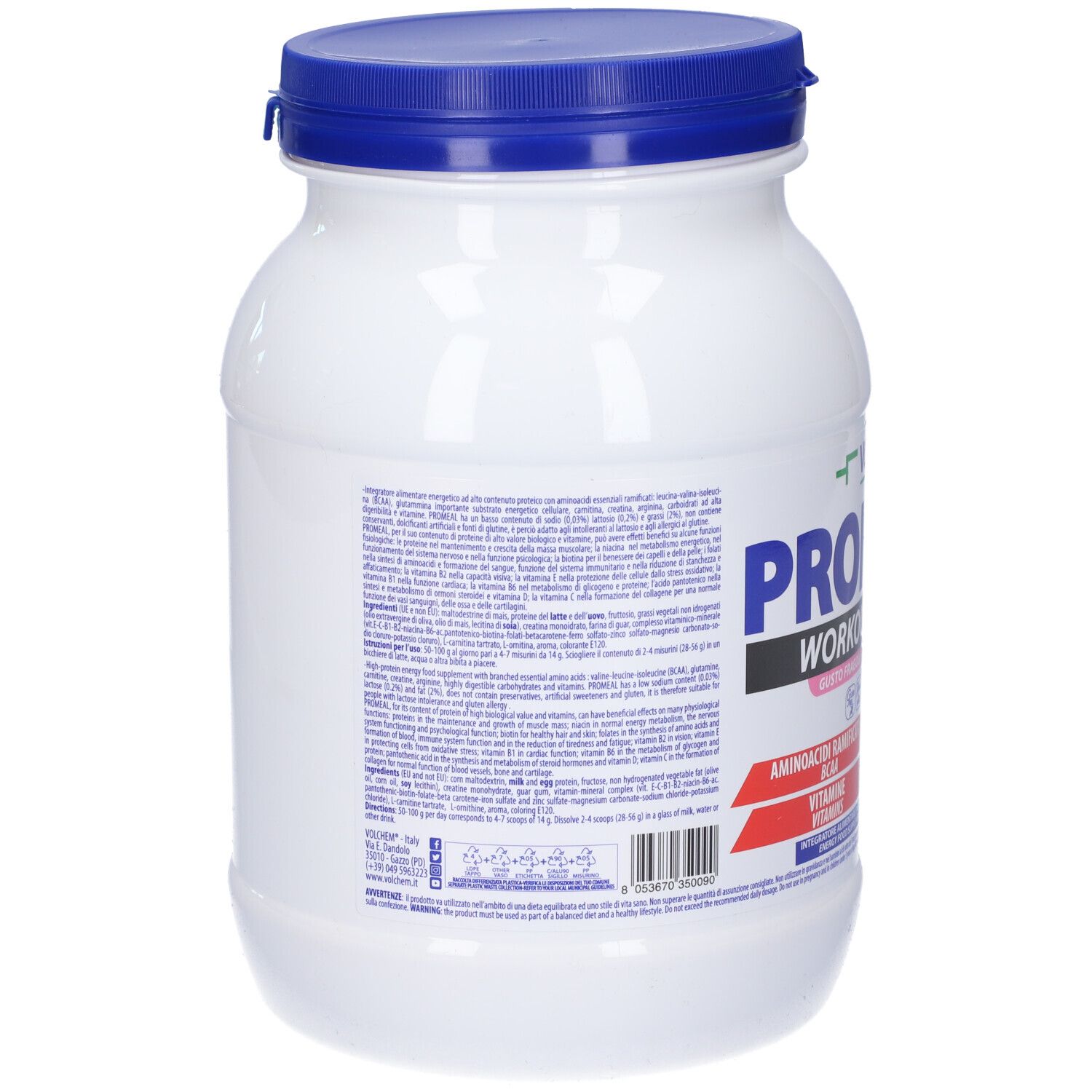 Barattolo bianco con coperchio blu. Retro con testo e informazioni nutrizionali. Contiene aminoacidi, vitamine e proteine.