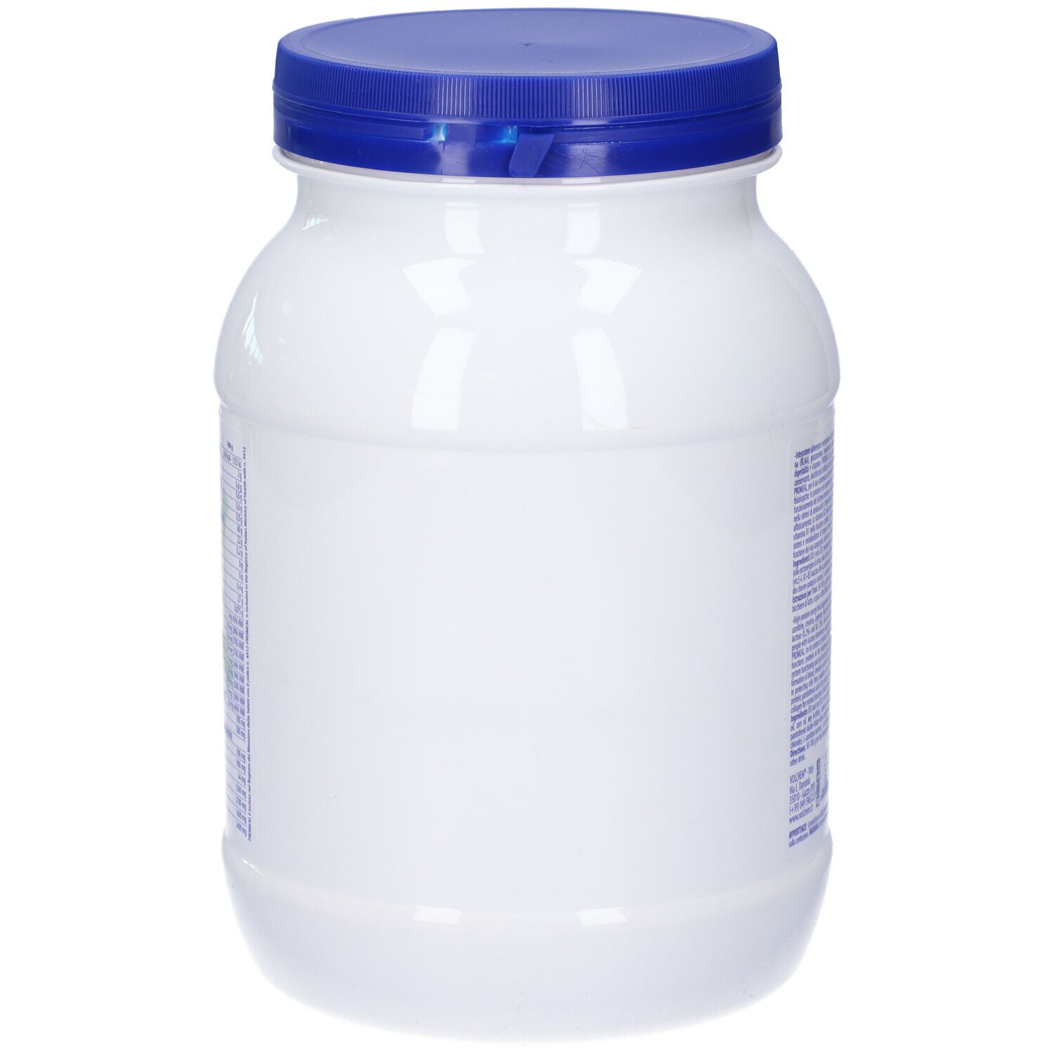 Barattolo bianco con coperchio blu. Retro con testo. Contiene aminoacidi, vitamine e proteine.