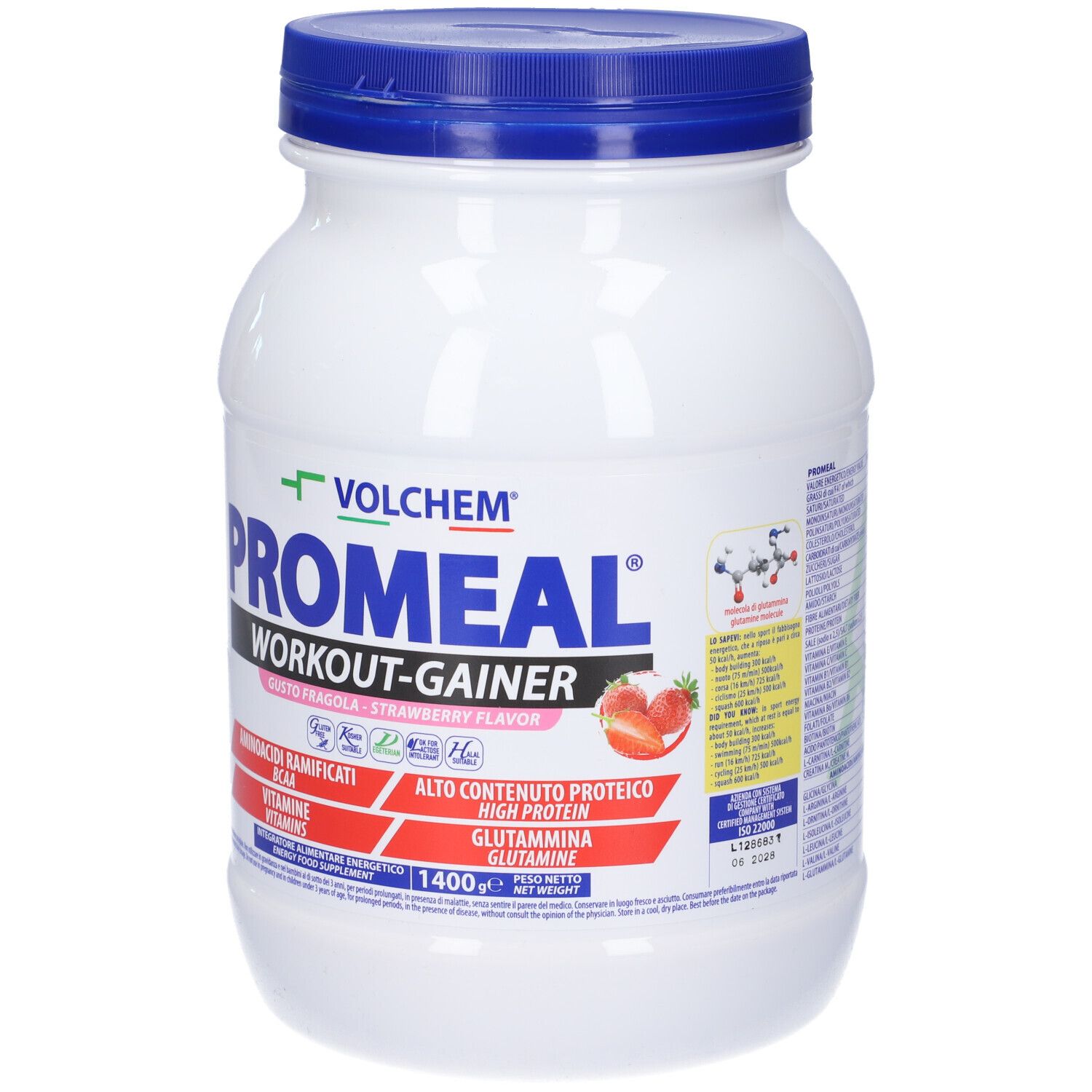 Barattolo bianco con coperchio blu. Scritta: VOLCHEM, Promeal Workout-Gainer, gusto fragola. Contiene BCAA, vitamine, proteine.