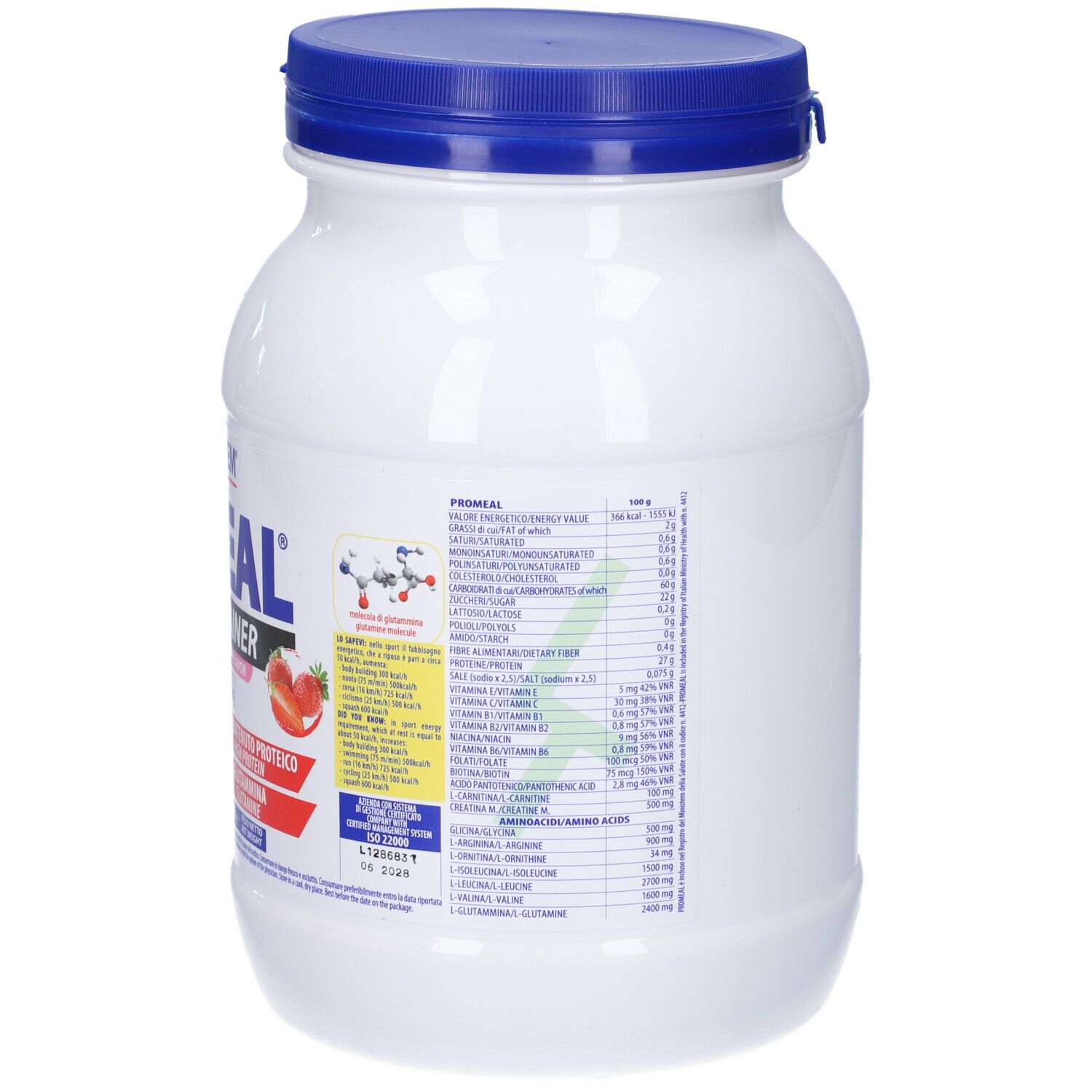 Barattolo bianco con coperchio blu. Retro con testo e informazioni nutrizionali. Contiene aminoacidi, vitamine e proteine.