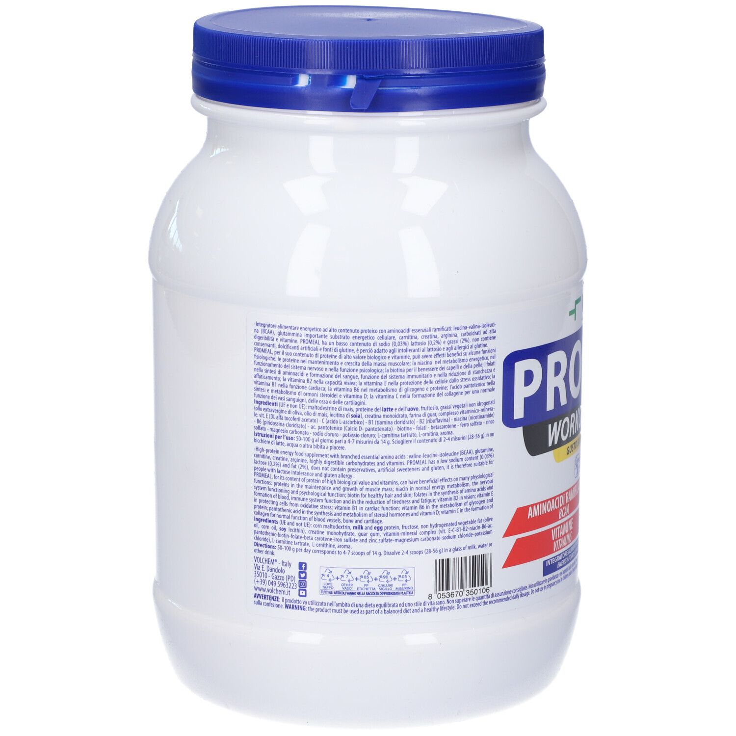 Contenitore bianco con coperchio blu. Retro con testo. Contiene informazioni su ingredienti e valori nutrizionali.