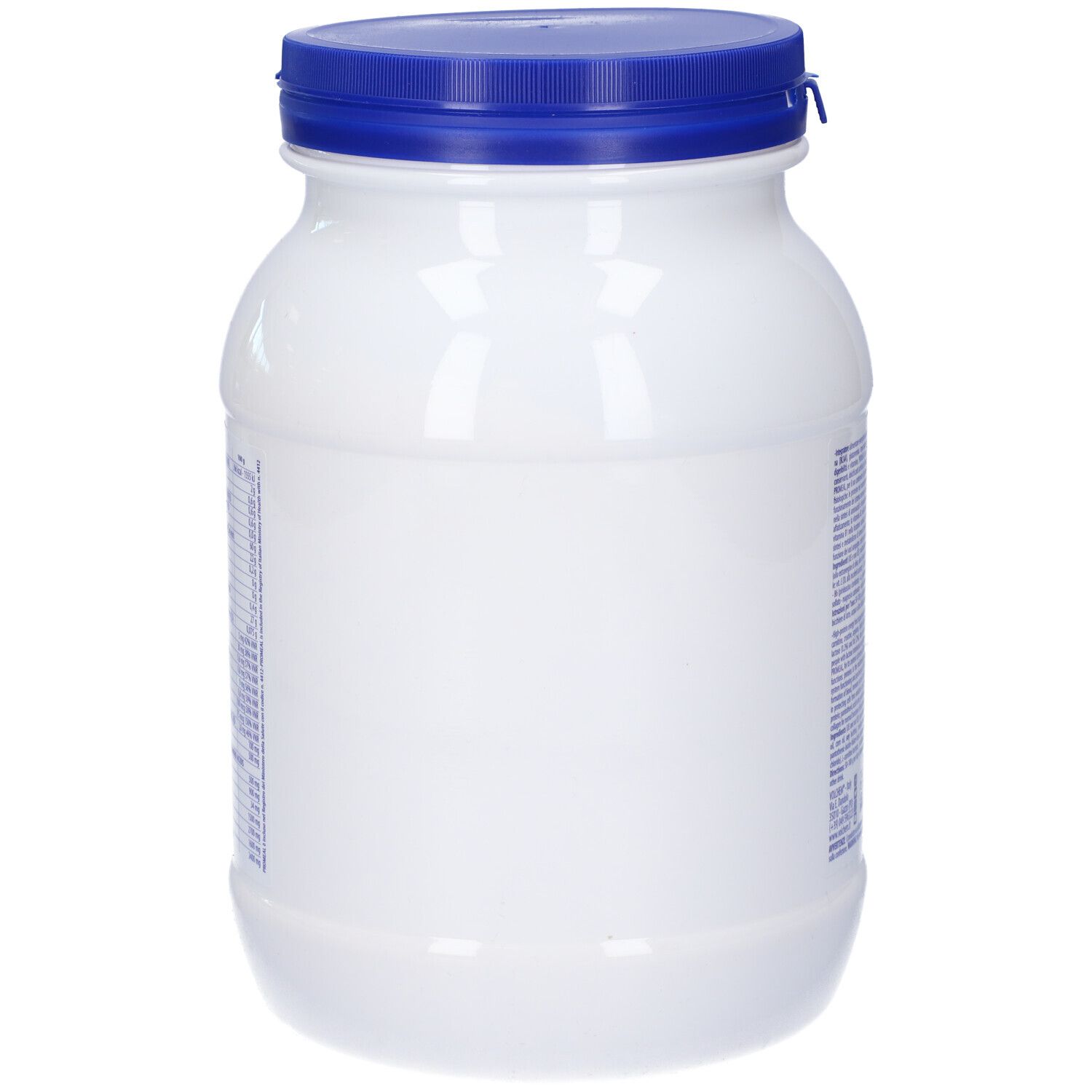 Contenitore bianco con coperchio blu. Nessuna scritta visibile. Superficie liscia.