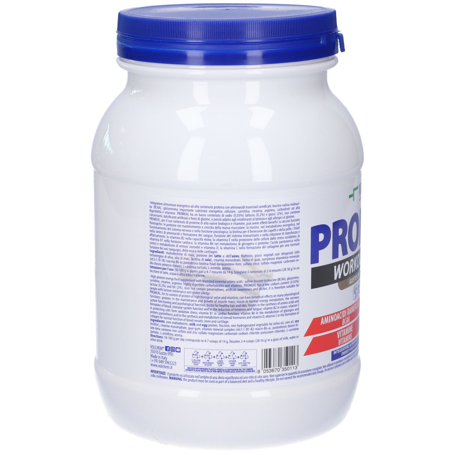 Barattolo bianco con coperchio blu. Retro con testo. Contiene aminoacidi, proteine, vitamine. Codice a barre e informazioni produttore.