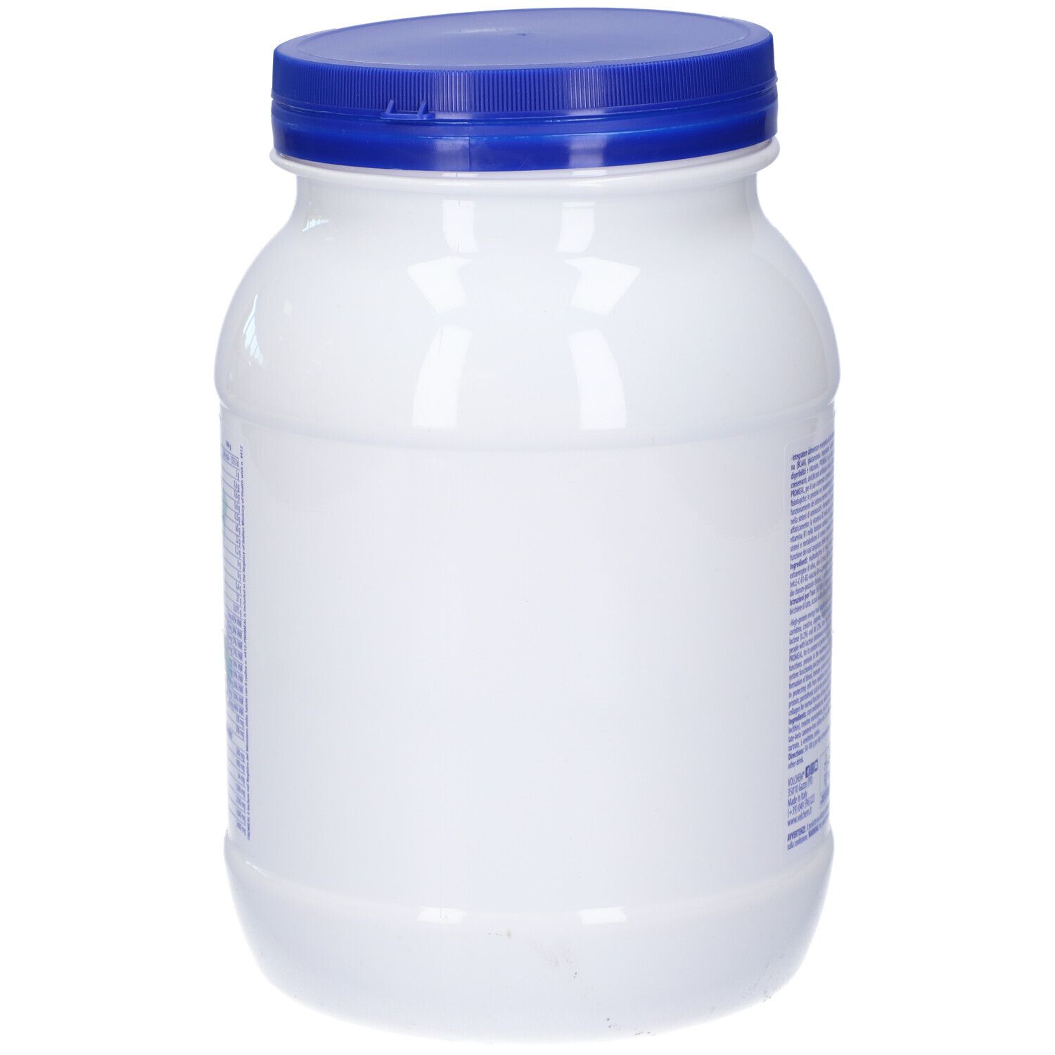 Barattolo bianco con coperchio blu. Retro senza stampa. Etichetta con informazioni sul prodotto.