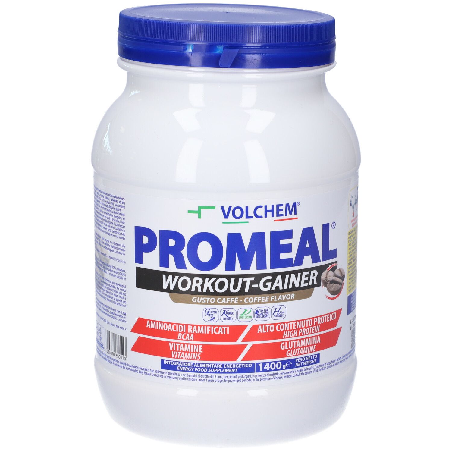 Barattolo bianco con coperchio blu. Scritta: VOLCHEM Promeal Workout-Gainer, gusto caffè. Contiene BCAA, vitamine, glutammina, 1400g.
