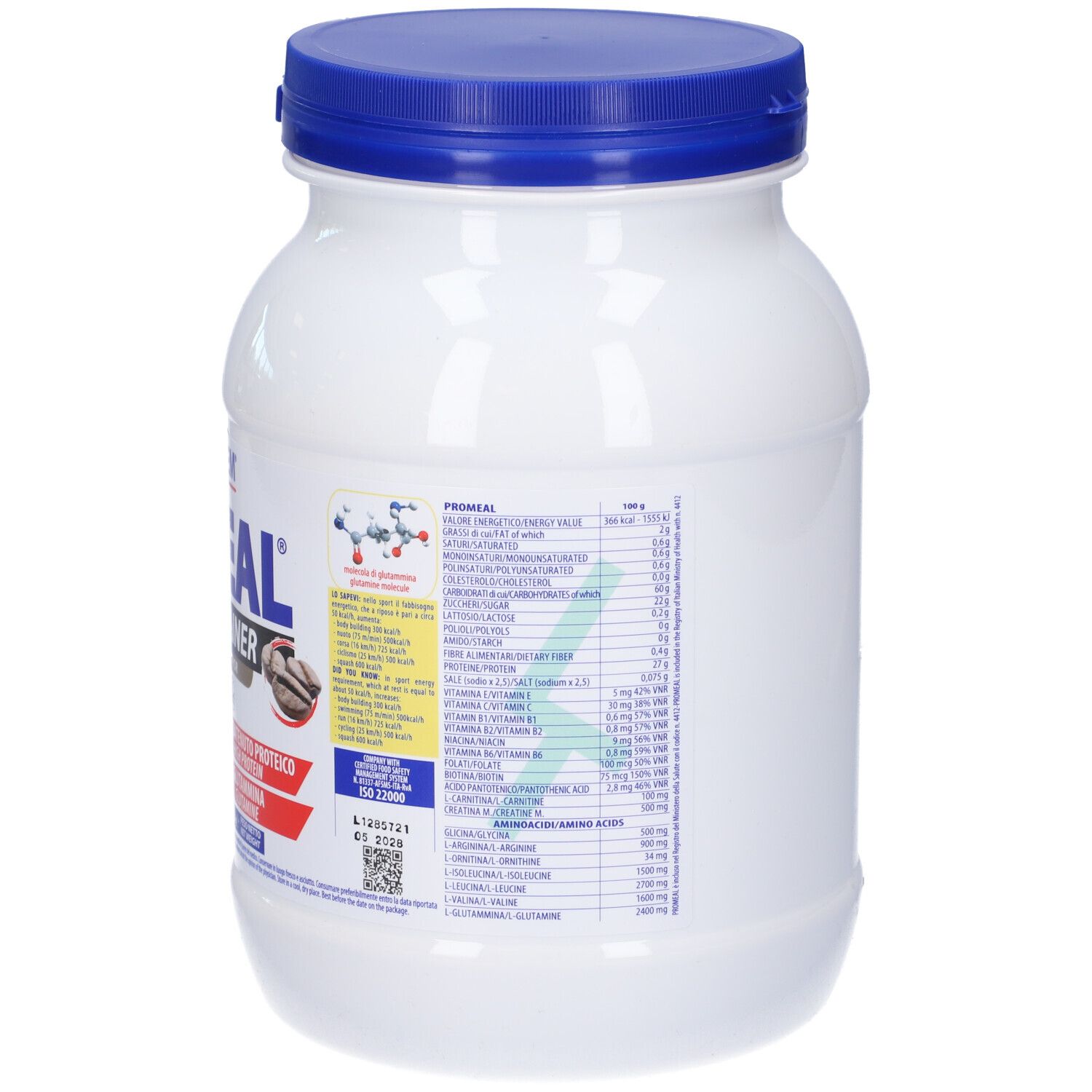 Barattolo bianco con coperchio blu. Retro con informazioni nutrizionali e ingredienti. Contiene aminoacidi e vitamine.