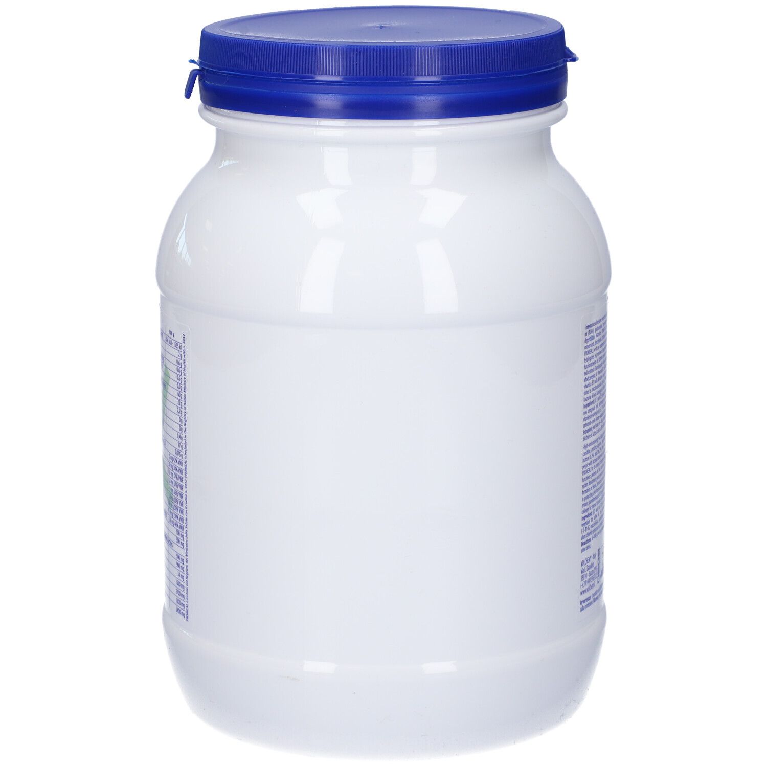 Contenitore bianco di integratore con coperchio blu. Retro con testo, ingredienti e informazioni nutrizionali. VOLCHEM Promeal Workout-Gainer.